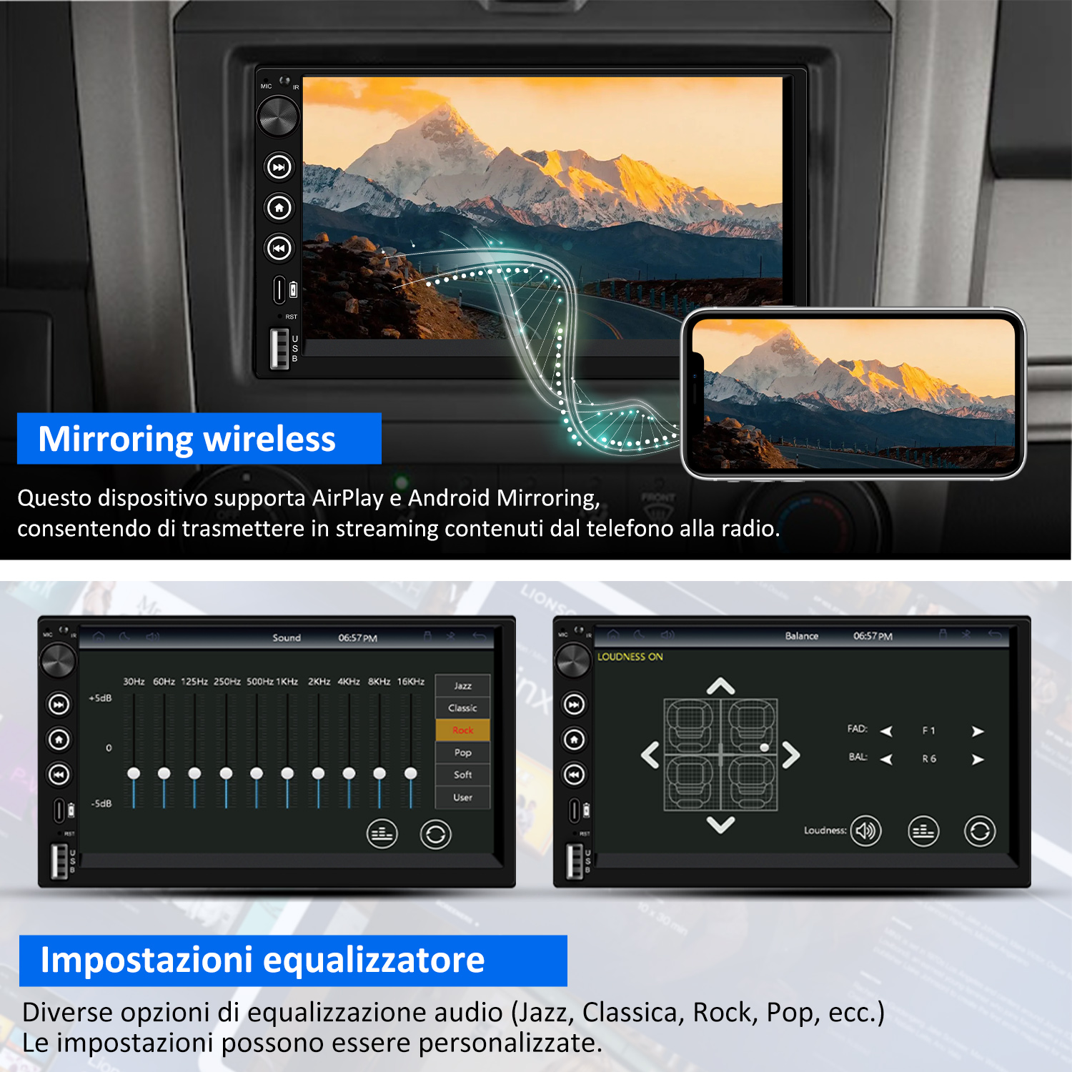 Schermo autoradio con montagne e comandi auto, con equalizzatore e impostazioni audio.