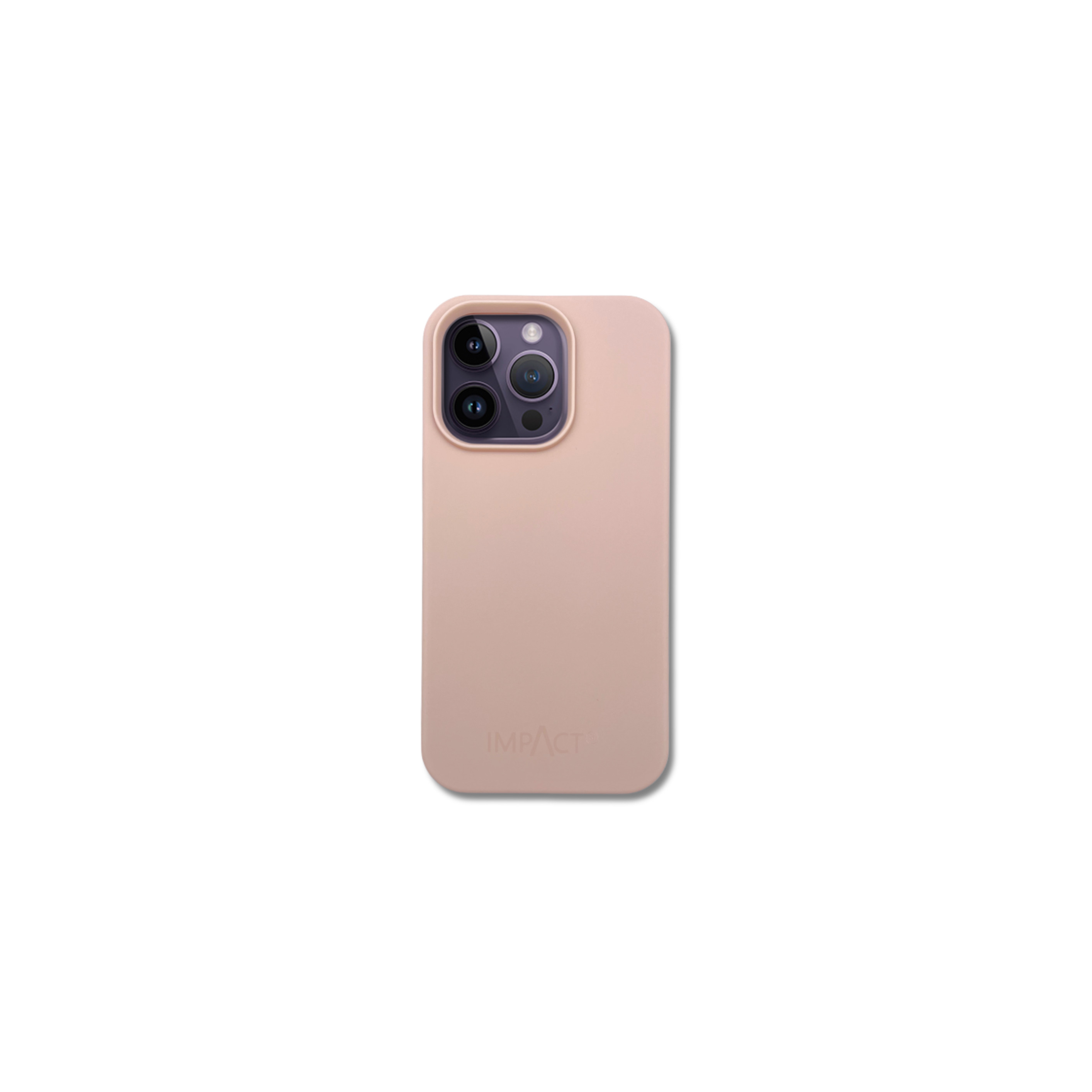 Una custodia per telefono rosa con modulo fotocamera. Sulla custodia è scritto il marchio IMPACT. Sfondo bianco.
