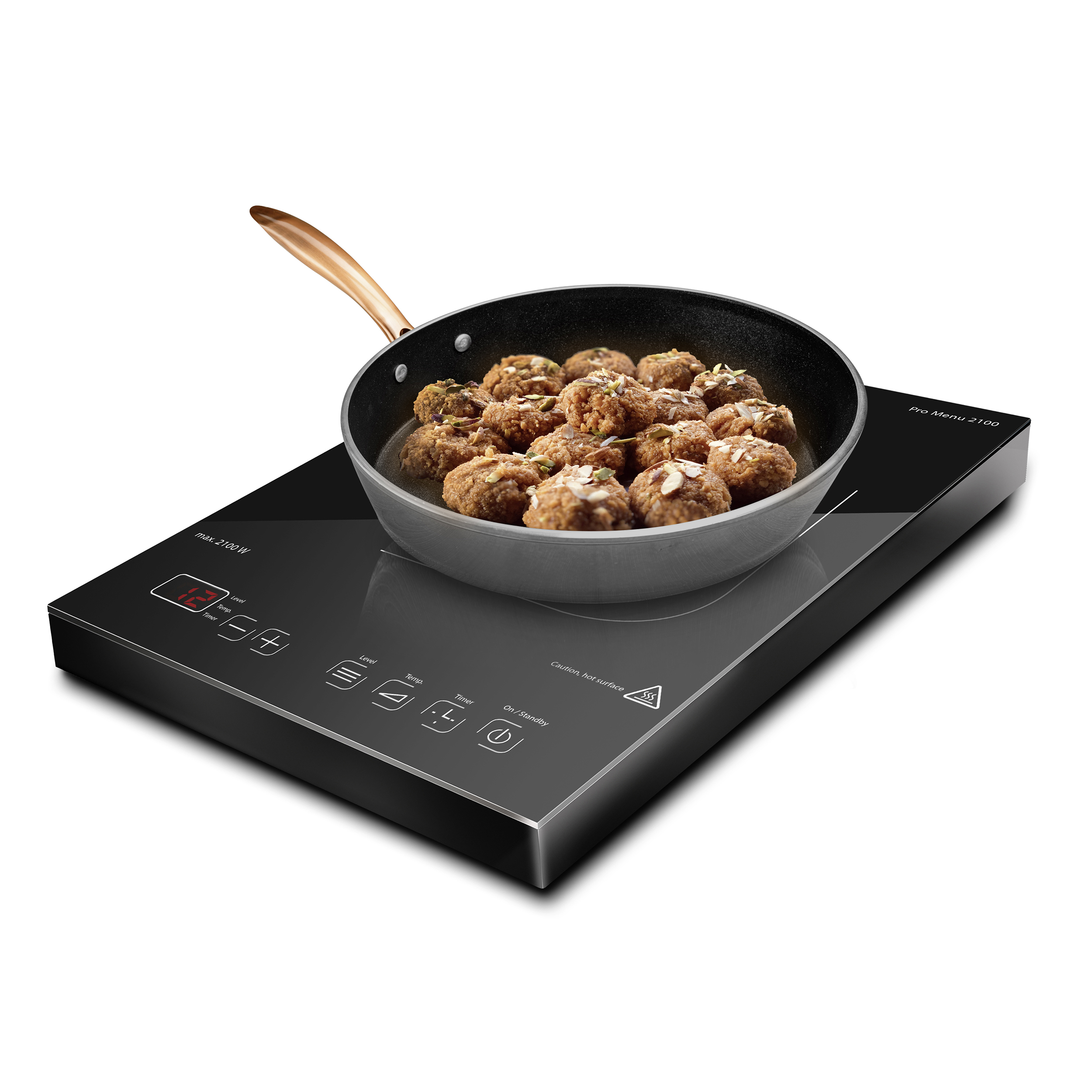 Eine Pfanne mit Fleischbällchen auf einem Induktionsherd. Der Herd hat eine schwarze Oberfläche und Bedienelemente.
