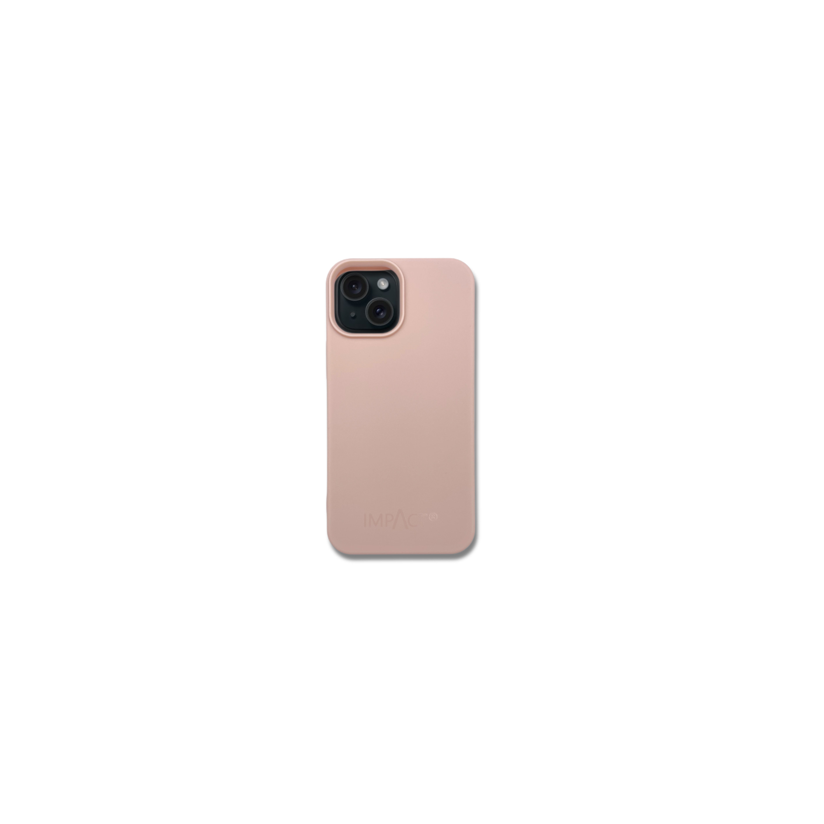 Una custodia rosa per telefono con un ritaglio per la fotocamera è centrata su uno sfondo bianco. Il marchio 'IMPAC' è stampato in basso.