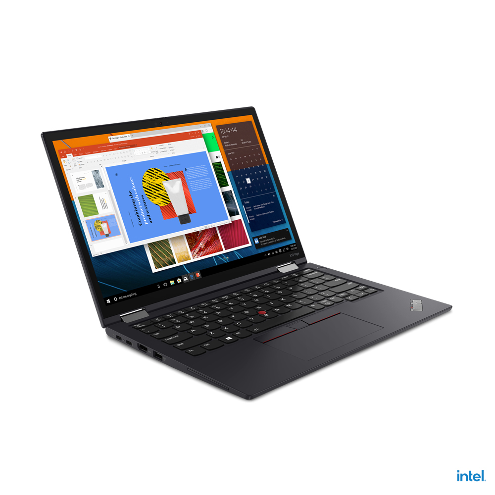 Ein schwarzer Laptop ist geöffnet und zeigt eine farbenfrohe Präsentation mit einem Produkt und einer Kalenderansicht. Intel-Logo unten rechts.