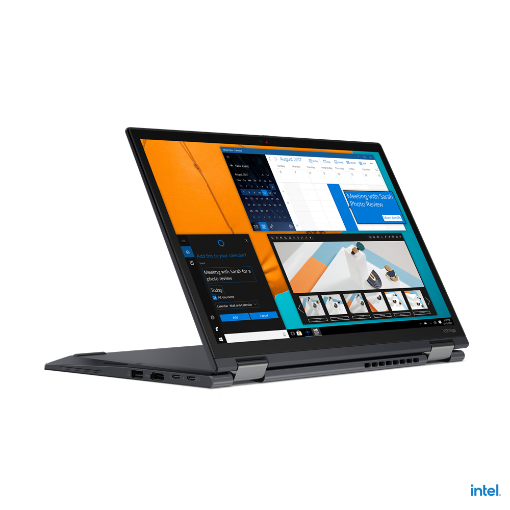 Ein schwarzes Lenovo X13 Yoga Laptop ist geöffnet. Der Bildschirm zeigt einen Kalender und eine Fotobetrachtung. Das Intel-Logo befindet sich unten rechts.
