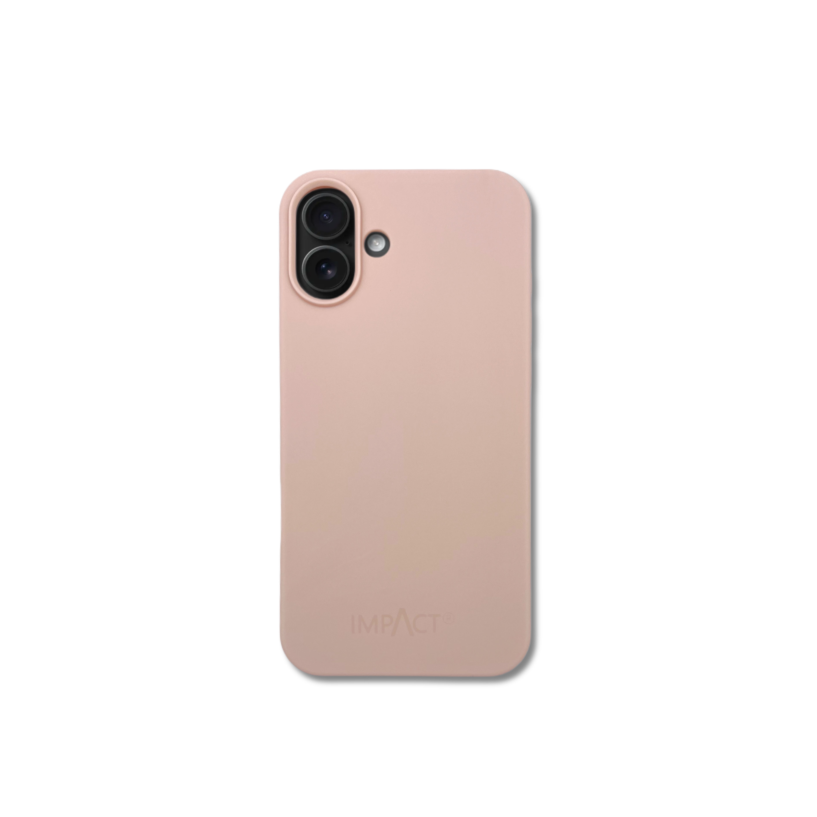 Una custodia rosa per telefono con due obiettivi e un flash. Sulla custodia è presente la scritta IMPACT.