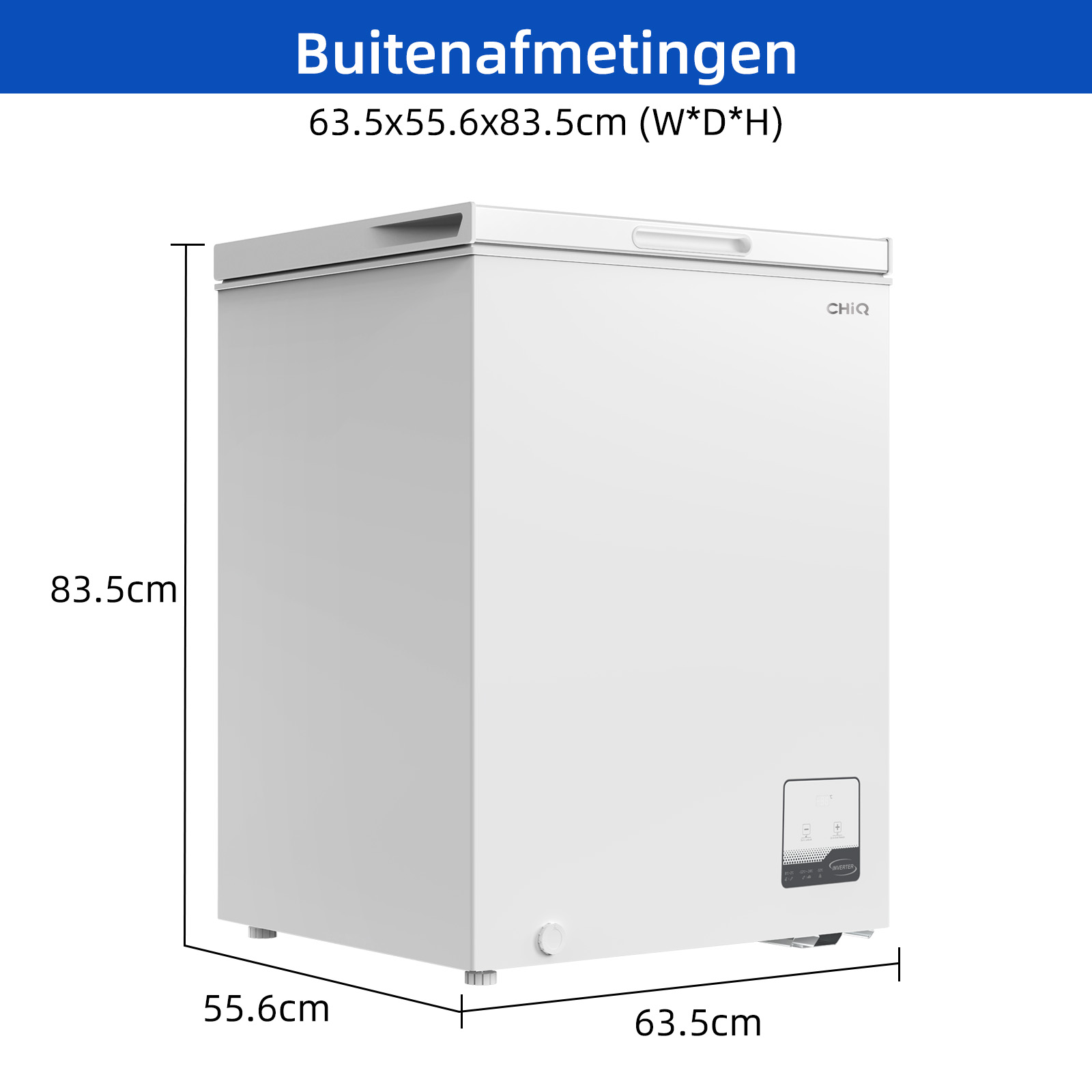 White chest freezer with dimensions. It has a handle, control panel, and CHiQ logo. The dimensions are 63.5x55.6x83.5cm.