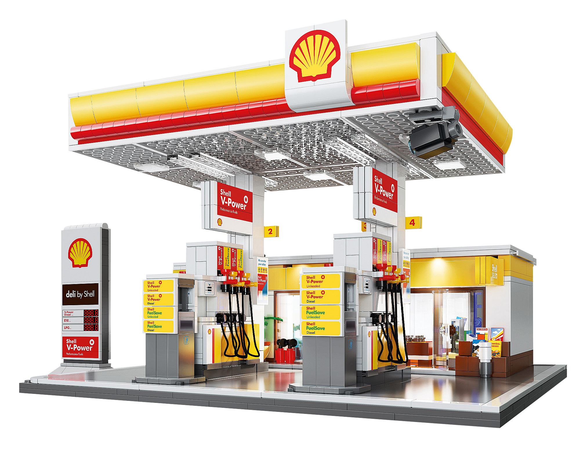 Ein Lego Shell-Tankstellenmodell. Es hat ein Shell-Schild, Zapfsäulen und ein Feinkostgeschäft. Das Dach ist gelb und rot.