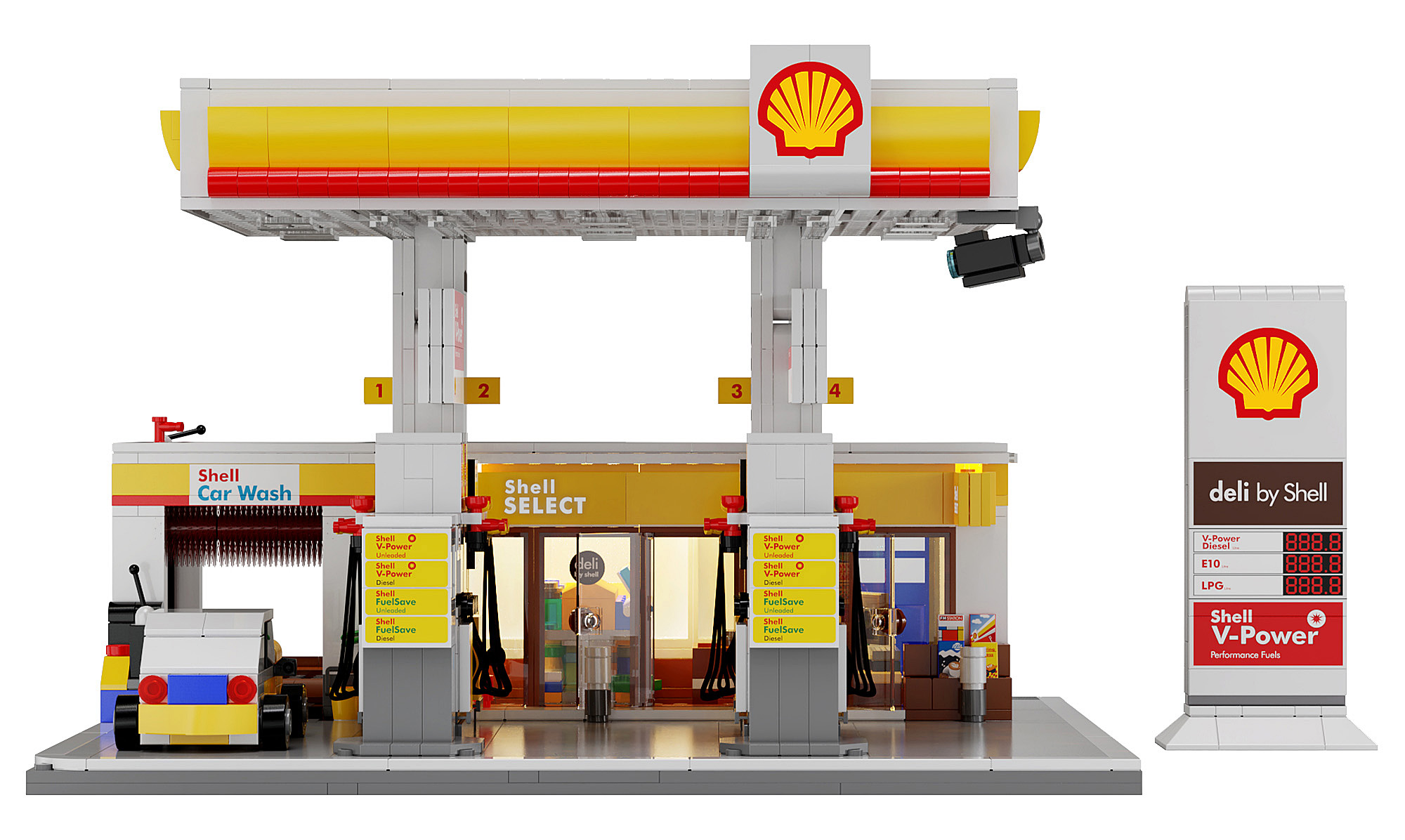 Ein Lego-Modell einer Shell-Tankstelle. Enthält eine Autowaschanlage, ein Feinkostgeschäft und Zapfsäulen. Ein Auto ist in der Waschanlage.