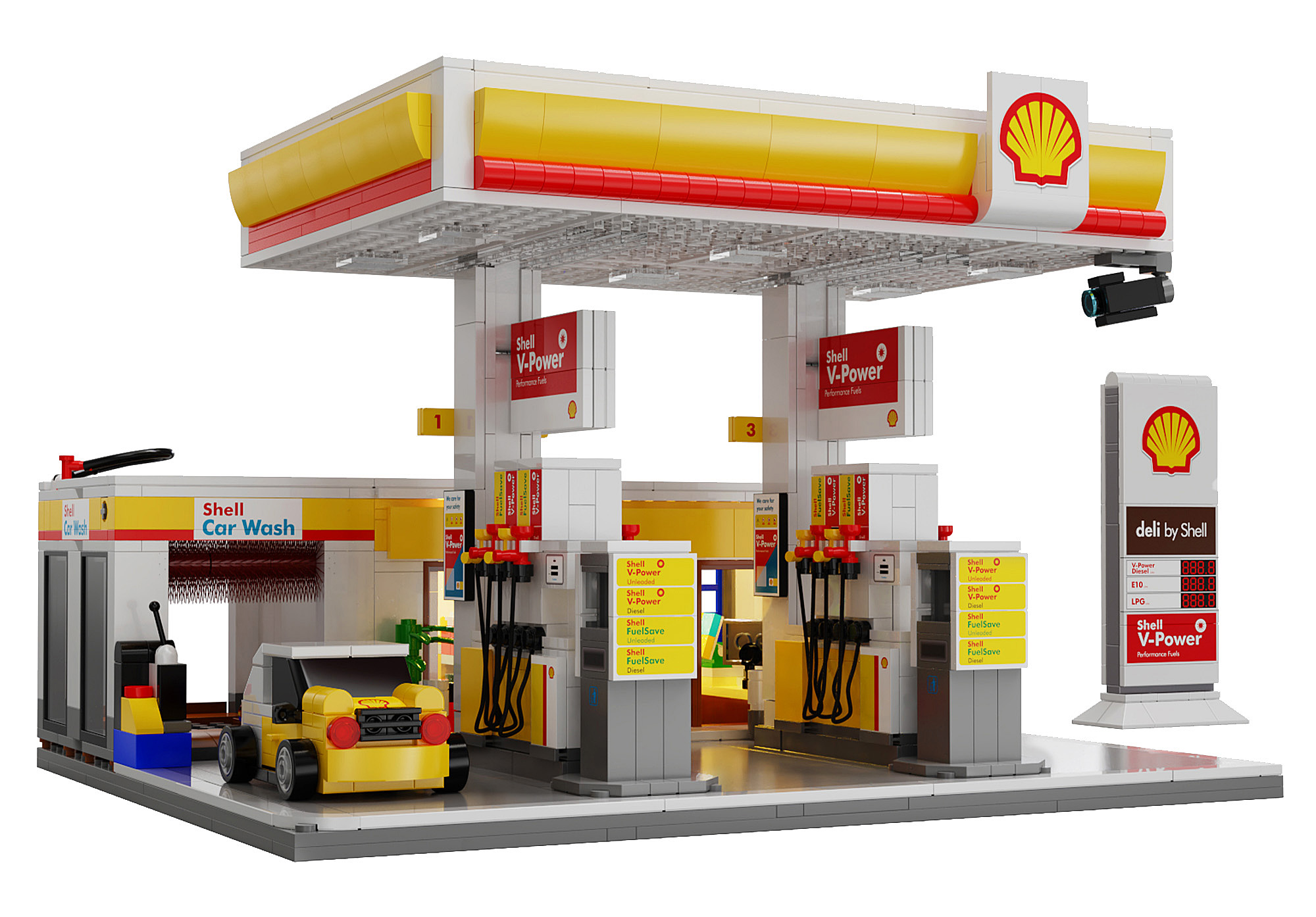 Ein Lego-Modell einer Shell-Tankstelle. Es hat gelbe und rote Akzente mit einer Waschanlage, Zapfsäulen und einem gelben Auto.