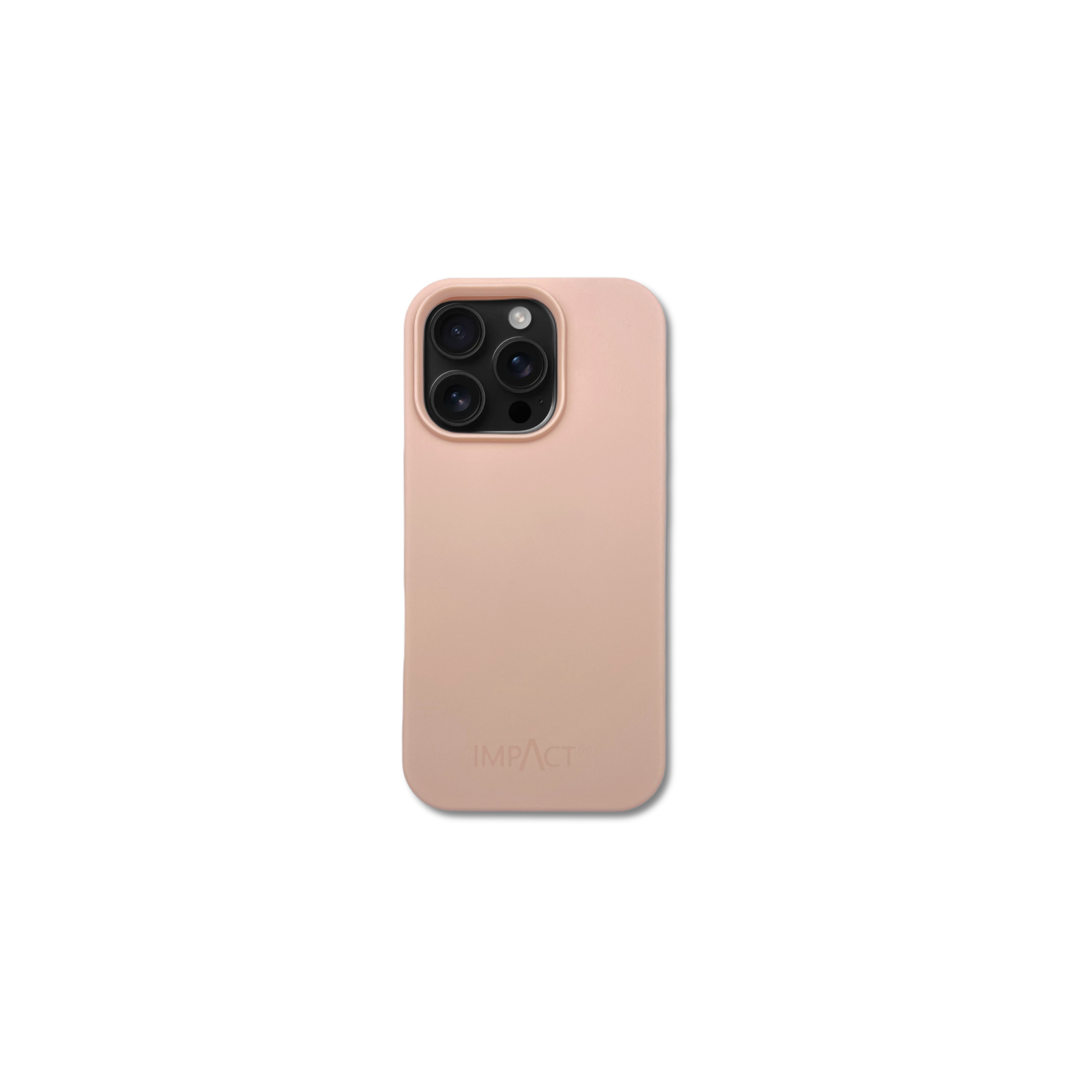 Una custodia rosa per telefono con più lenti della fotocamera. Il marchio IMPACT è visibile in basso, su sfondo bianco.