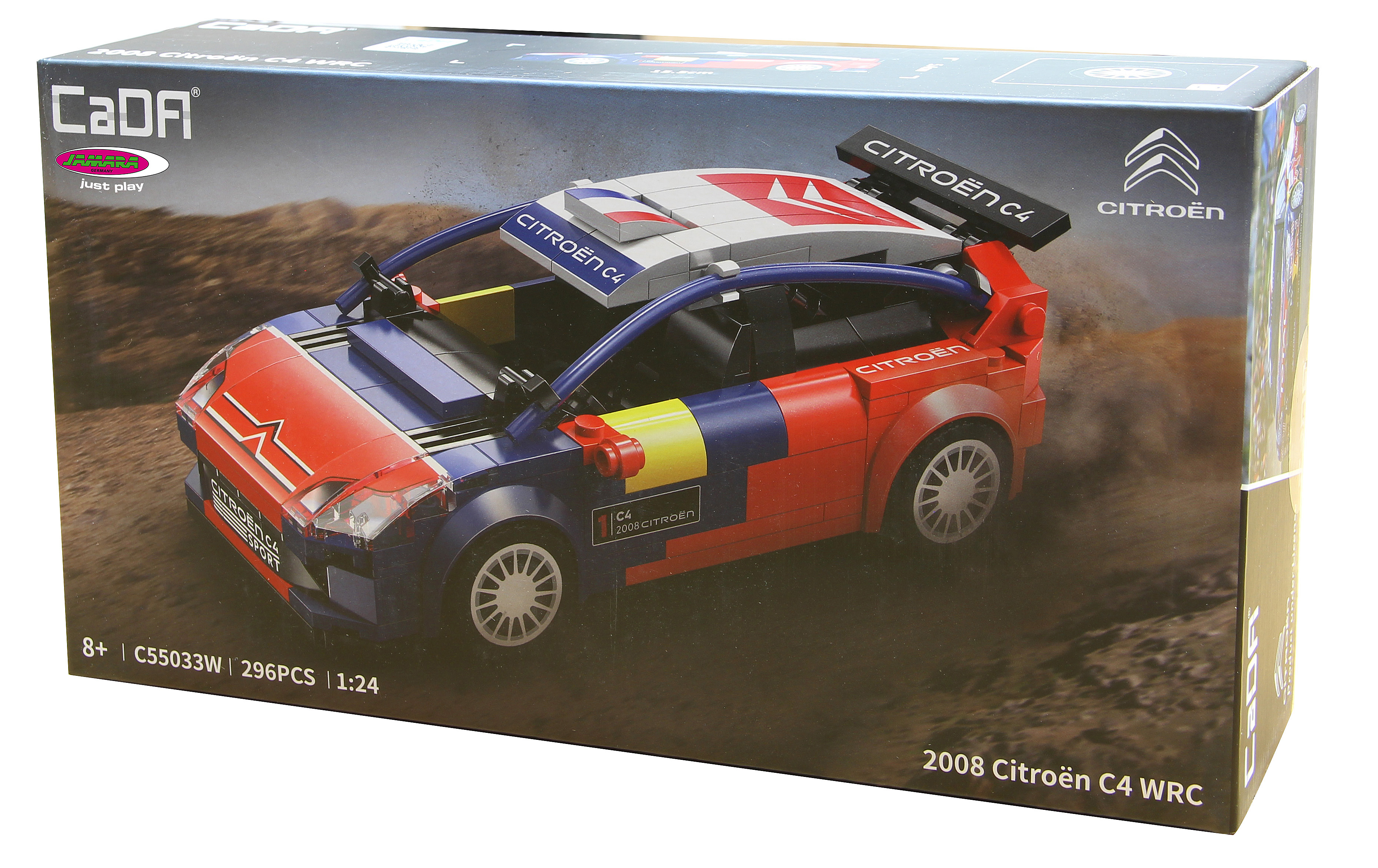Schachtelkunst zeigt ein rotes, blaues und weißes Citroën C4 WRC Spielzeugauto. Die Schachtel hat das Citroën-Logo und CaDA-Branding.