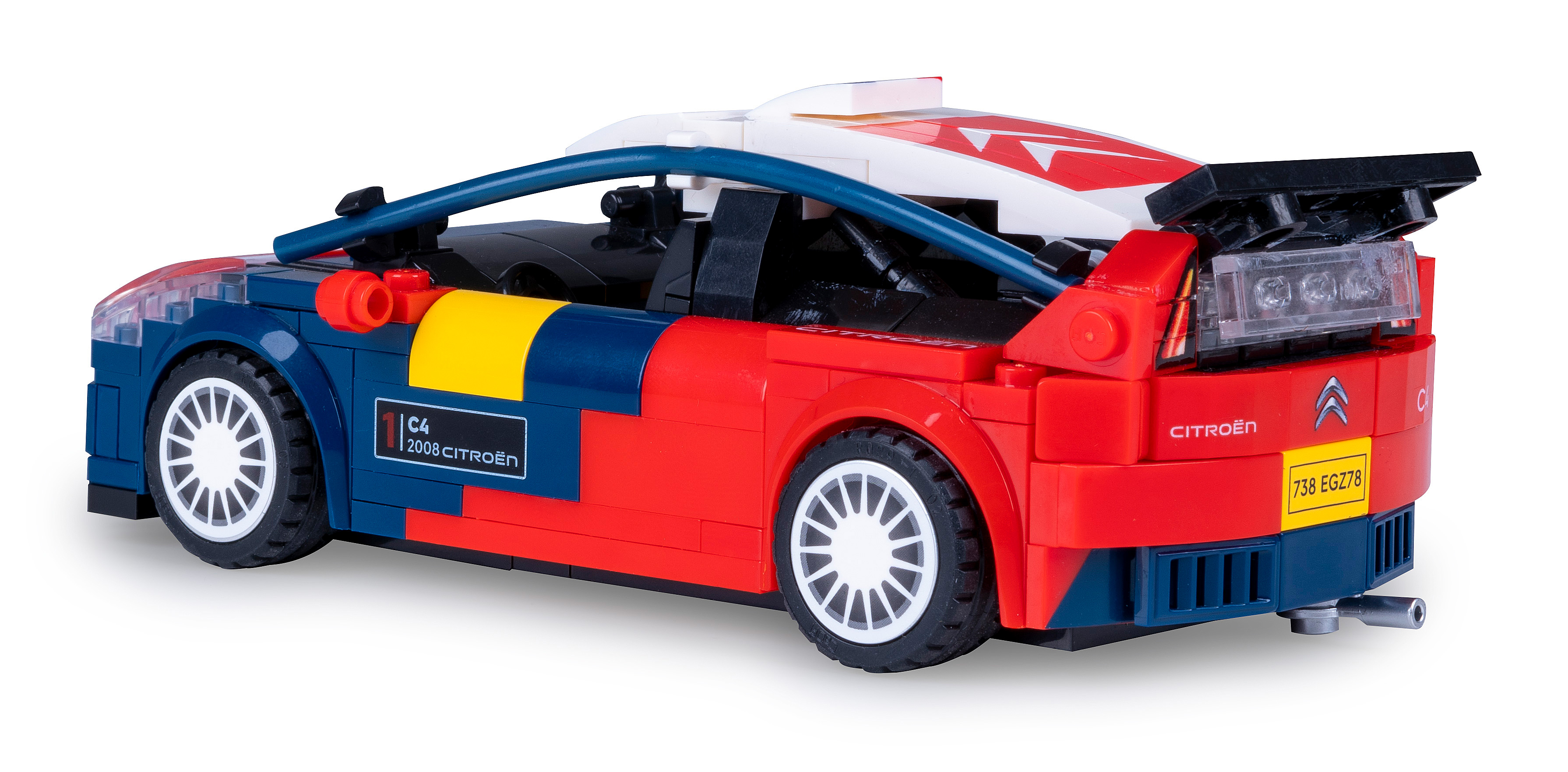 Ein Lego-Modellauto Citroen C4 in Rot, Blau, Gelb und Weiß. Details umfassen Räder, Lichter und Citroen-Branding.