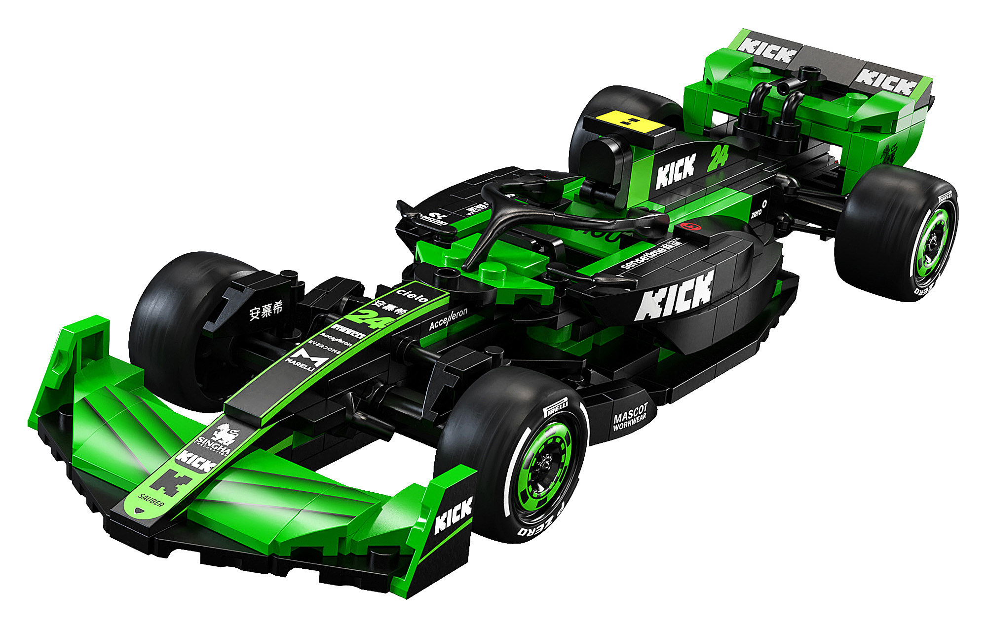 Ein grünes und schwarzes LEGO Formel-1-Rennauto mit Sponsorenlogos, großen Reifen und detailliertem Design.