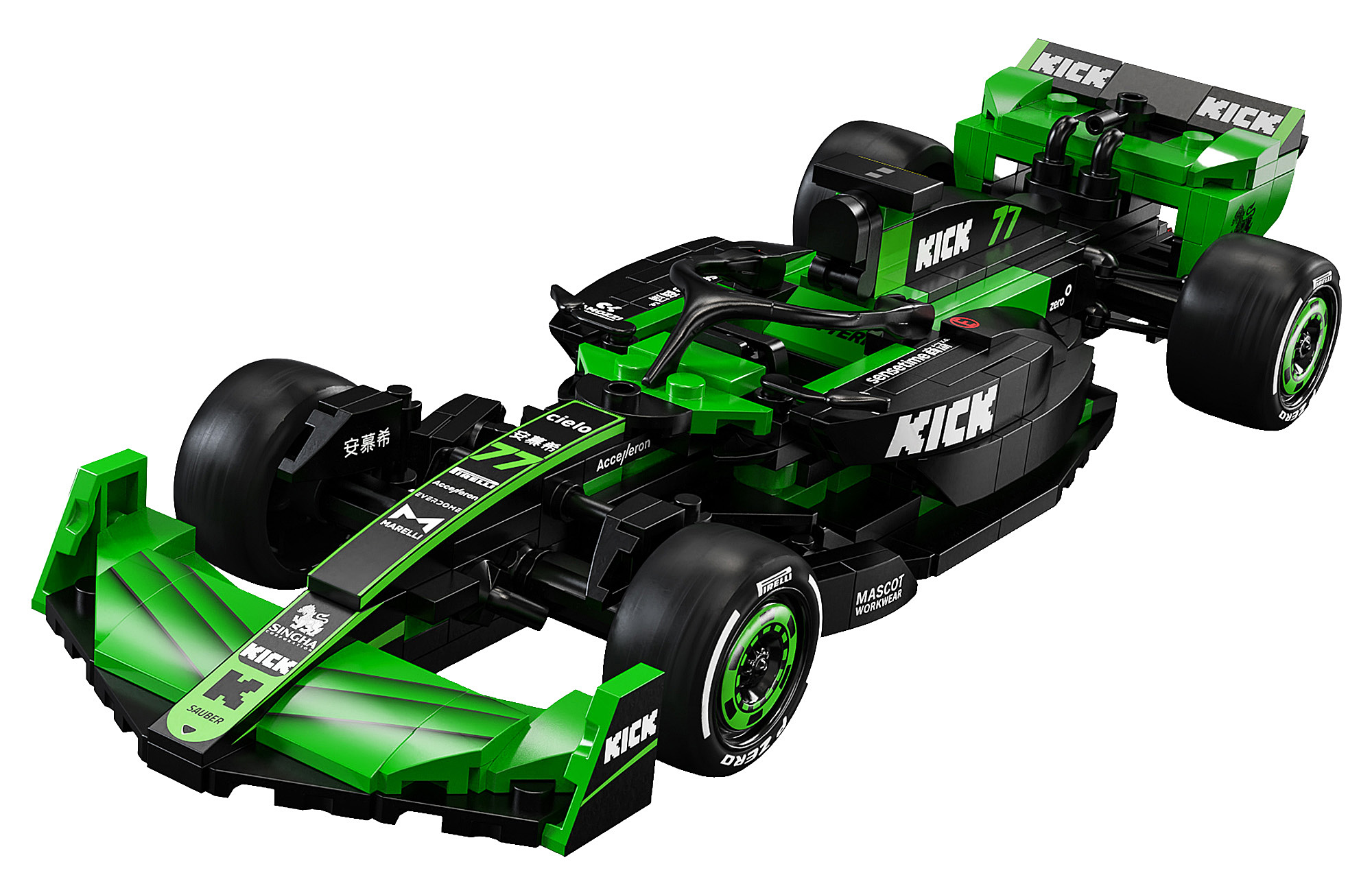 Ein grünes und schwarzes Lego-Rennauto. Es hat die Nummer 77 und die Wörter 'KICK' und 'SAUBER' sind sichtbar.