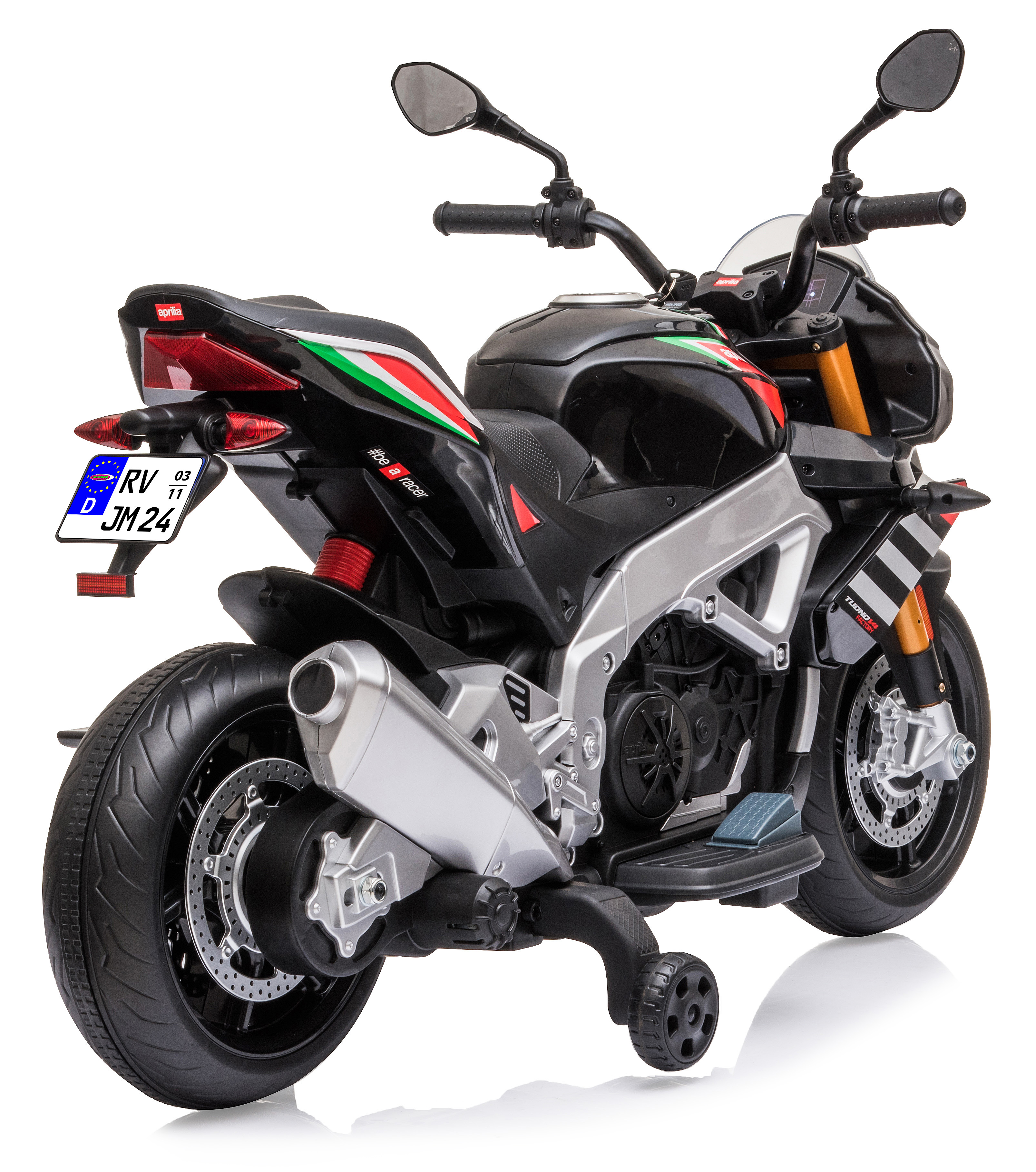 Motocicleta de juguete negra y plateada con ruedines. Incluye matrícula y marca Aprilia.