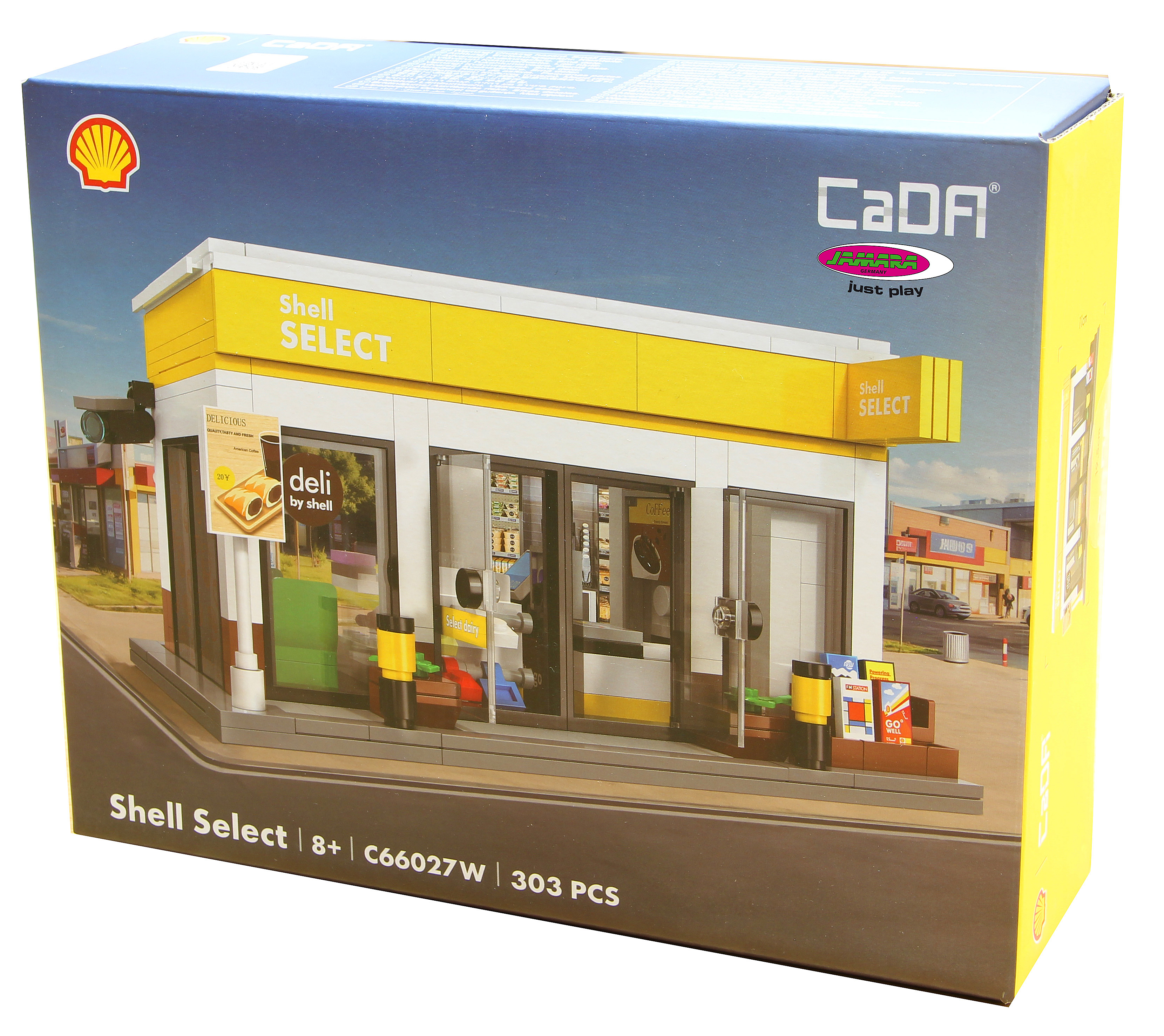 Schachtel mit einem Spielzeugladen von Shell Select. Die Schachtel ist gelb und blau, das Shell-Logo ist sichtbar.