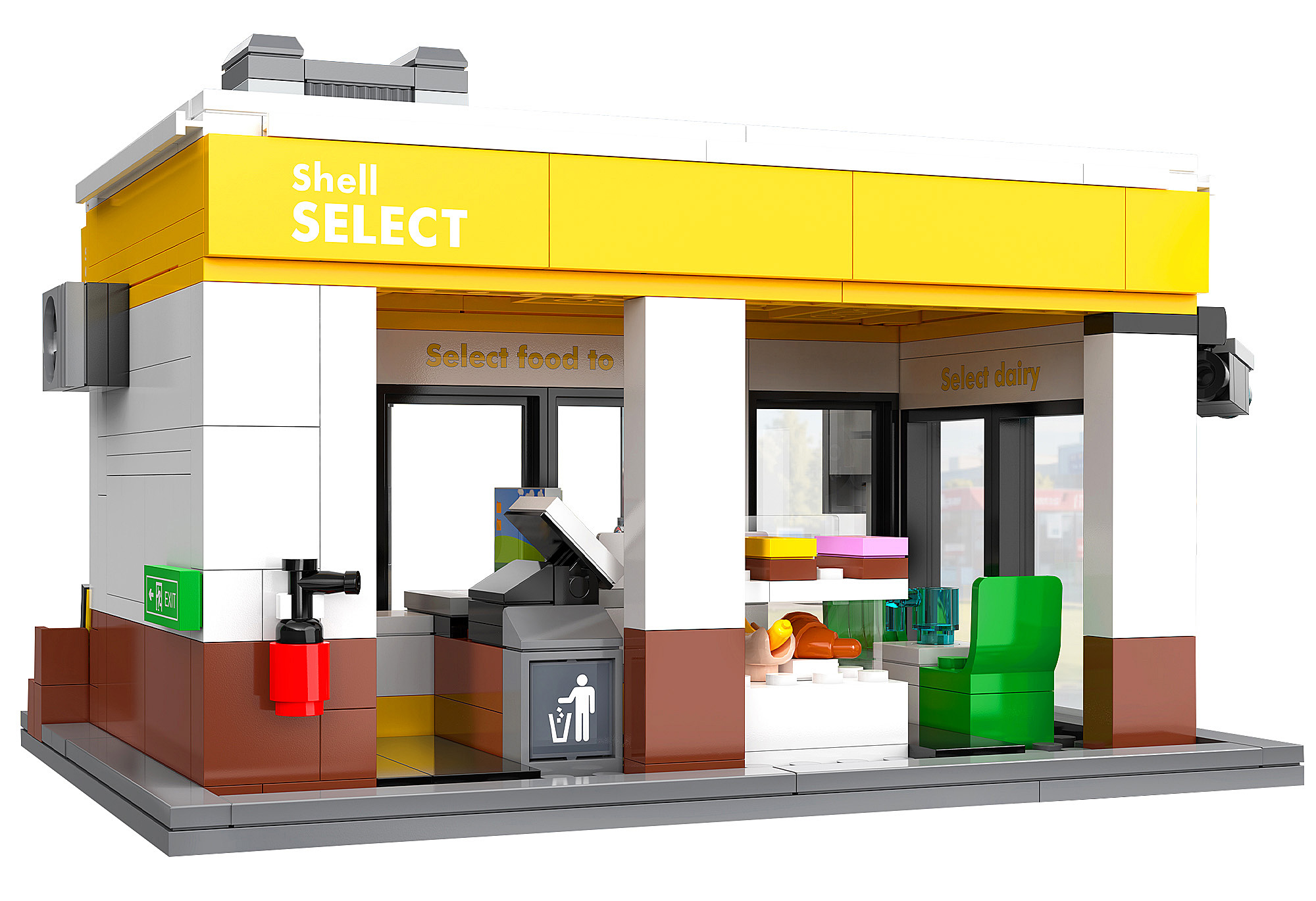 Ein Lego Shell Select Store-Modell. Gelb-weißes Äußeres, Schilder für Lebensmittel und Milchprodukte, mit einem grünen Stuhl im Inneren. Enthält ein Ausgangsschild.