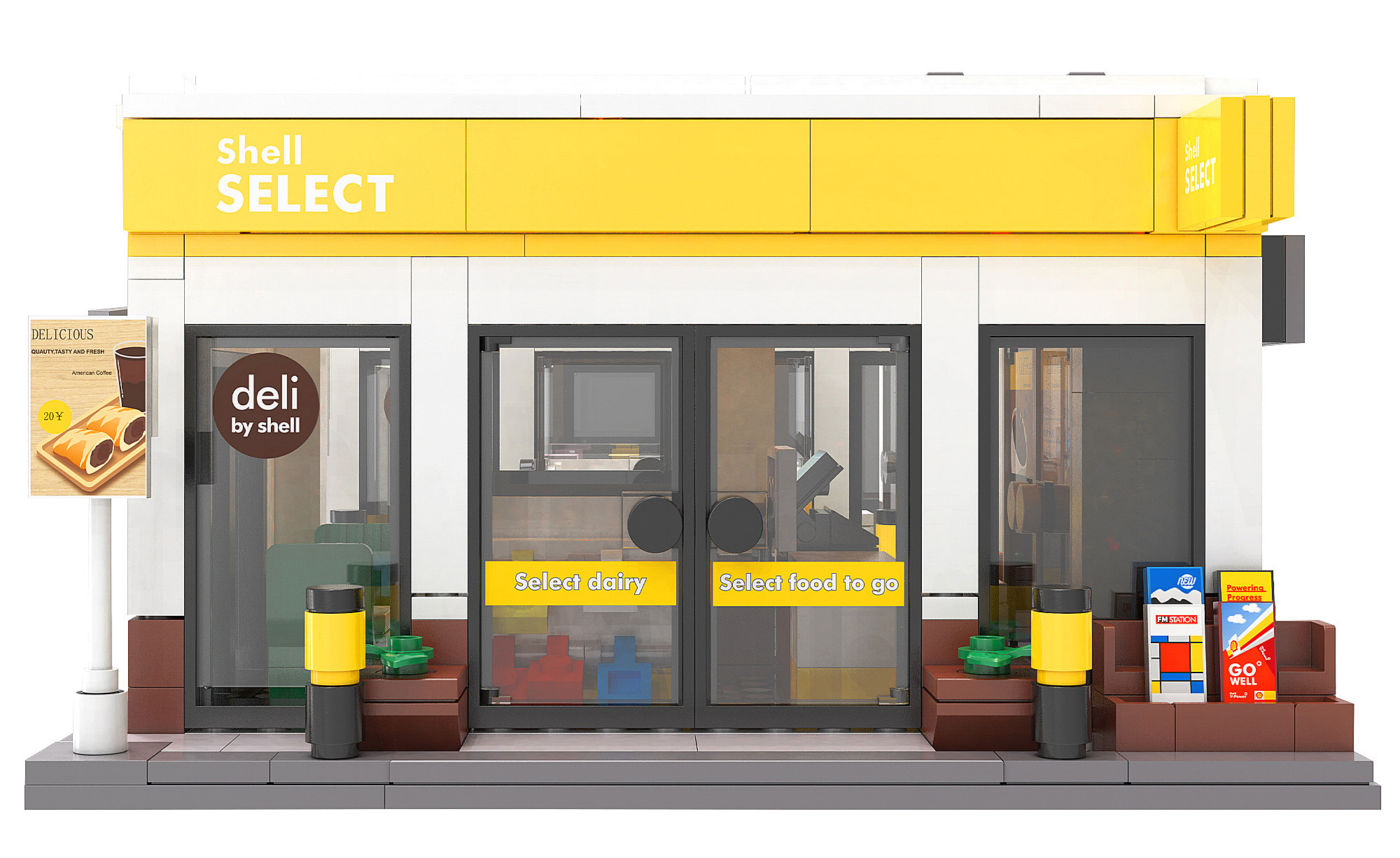Ein Modell eines Shell Select Geschäfts wird gezeigt. Es hat Glastüren, gelbe Akzente und Schilder für Deli, Milchprodukte und Essen zum Mitnehmen. Eine Kaffeeanzeige ist sichtbar.