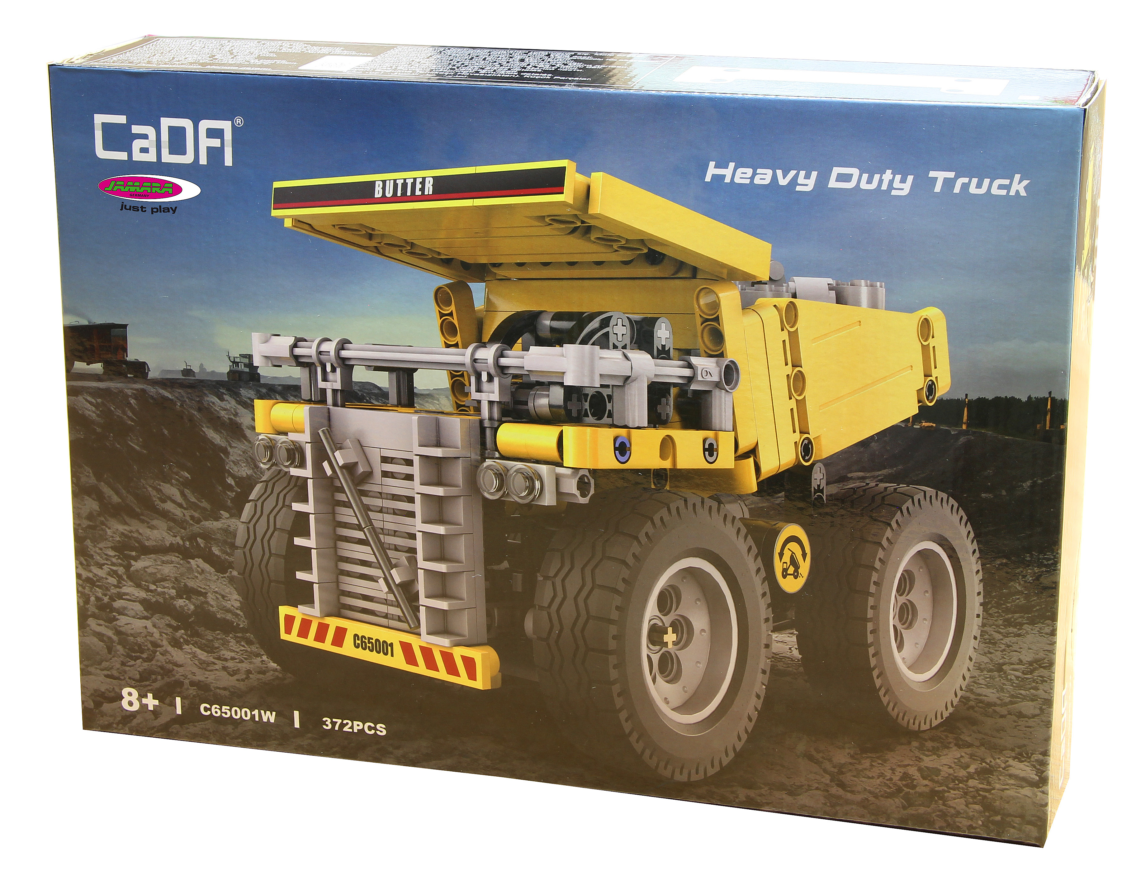 Box-Art: gelber Schwerlastwagen Spielzeug. Die Box sagt 'Heavy Duty Truck' und zeigt eine Baustelle im Hintergrund.