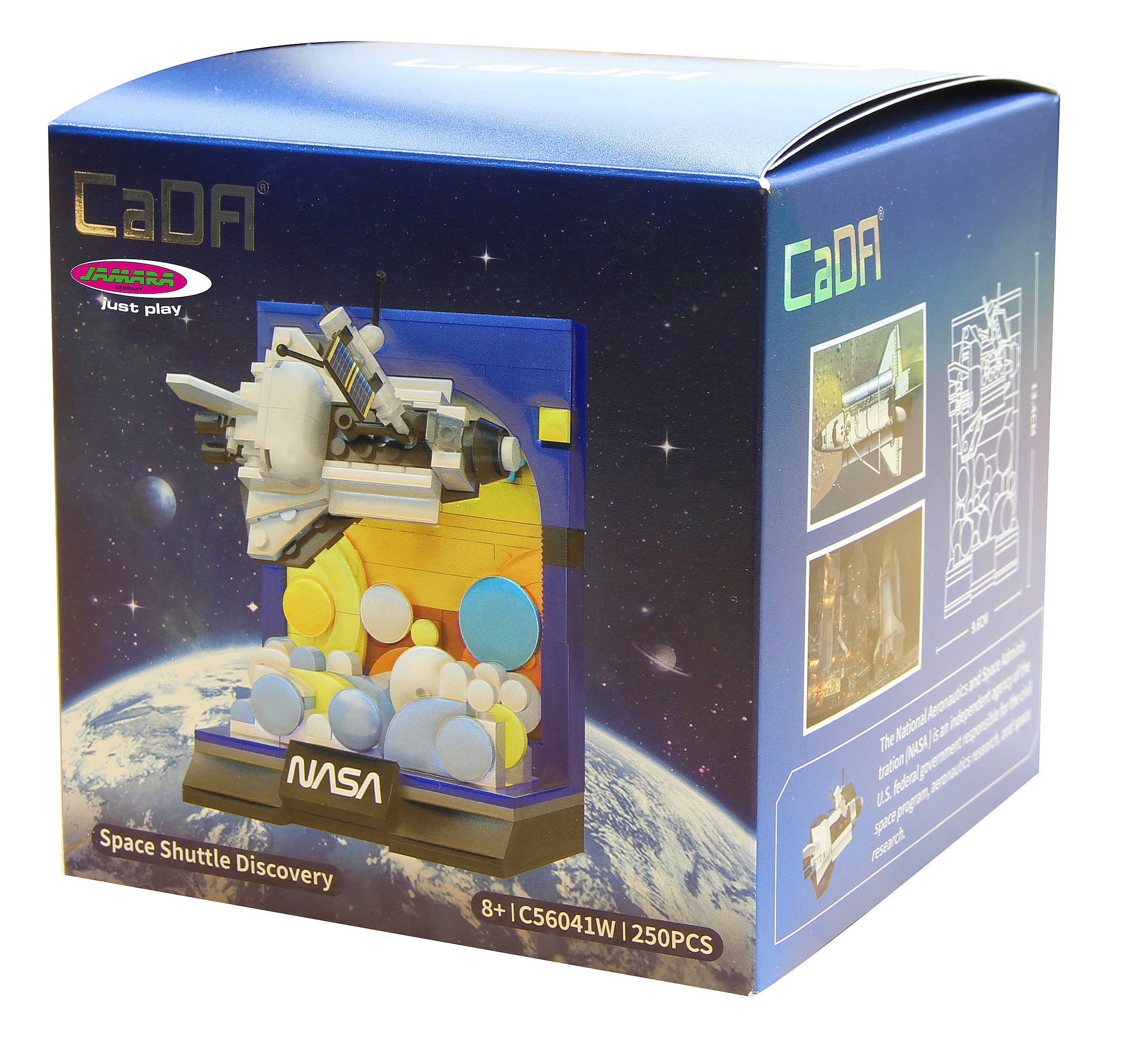 Eine Box mit einem Space-Shuttle-Modell. Die Box zeigt eine Weltraumszene und das NASA-Logo. Es steht 'Space Shuttle Discovery'.