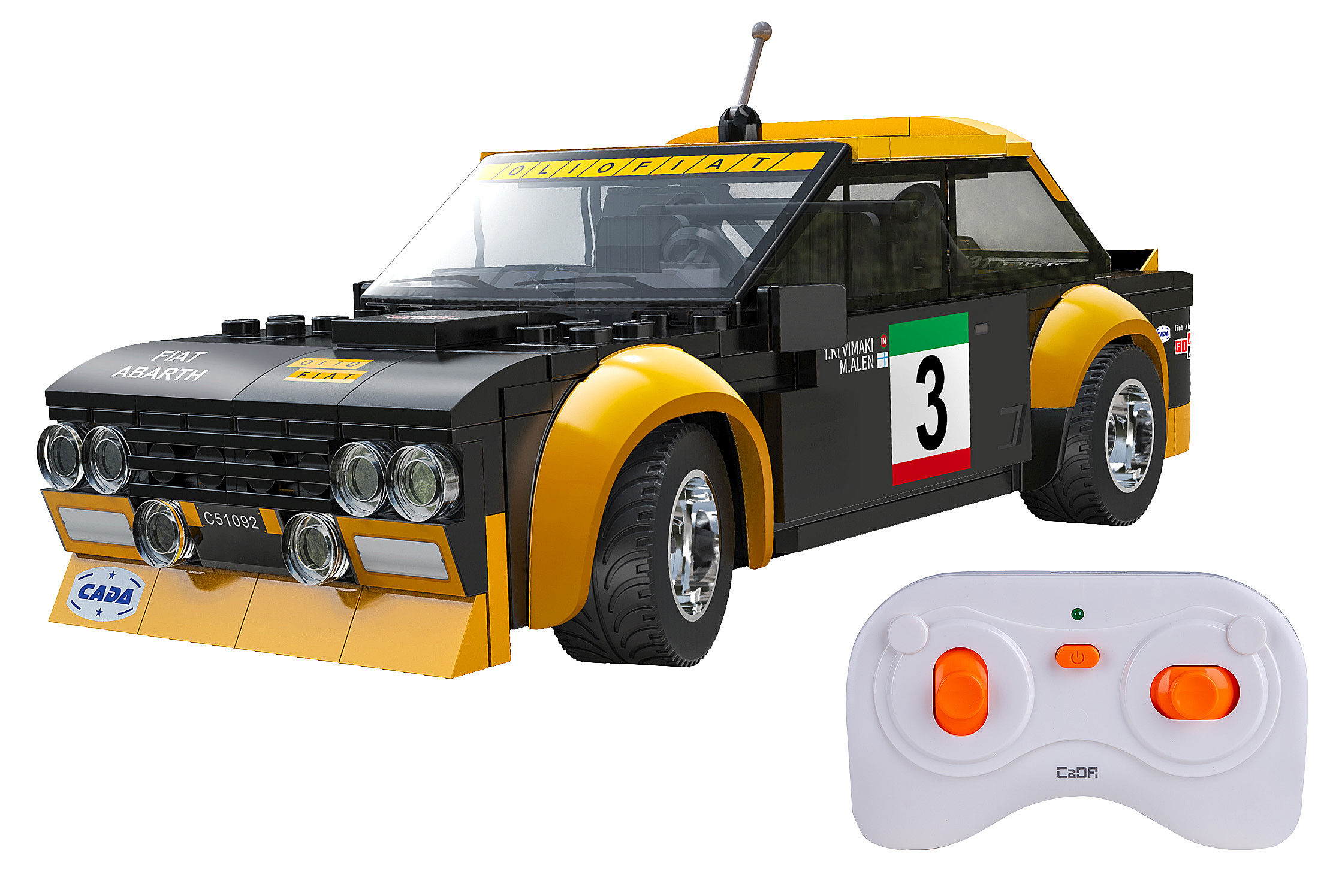 Ein schwarz-gelbes Spielzeugauto mit Fernbedienung. Das Auto hat 'FIAT ABARTH' und die Nummer 3. Die Fernbedienung ist weiß mit orangefarbenen Knöpfen.