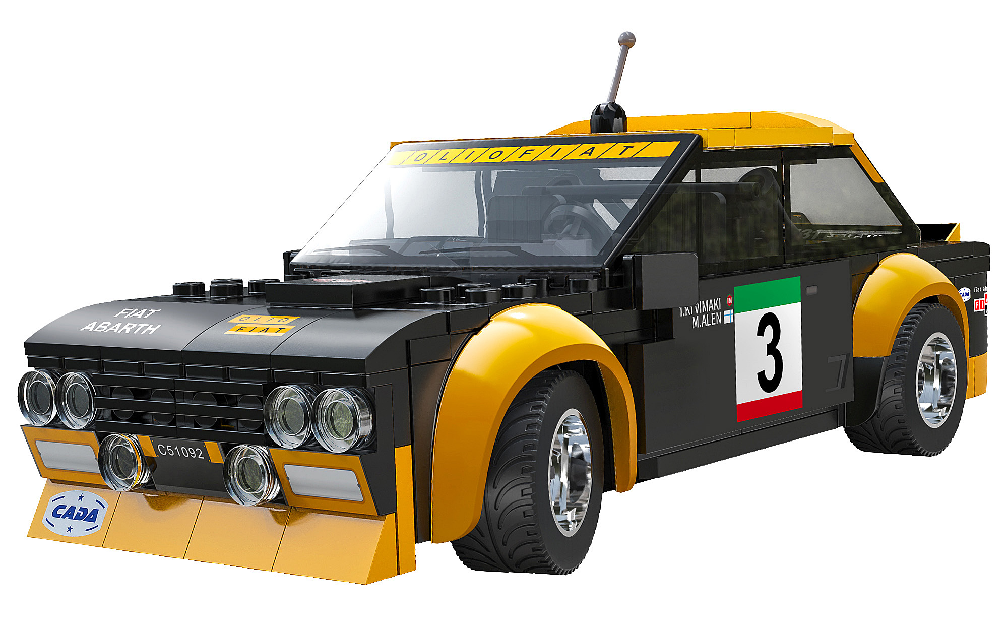 Ein schwarz-gelbes Fiat Abarth Rennwagenmodell. Es hat die Nummer 3, Sponsorenlogos und eine Dachantenne. Der Hintergrund ist weiß.