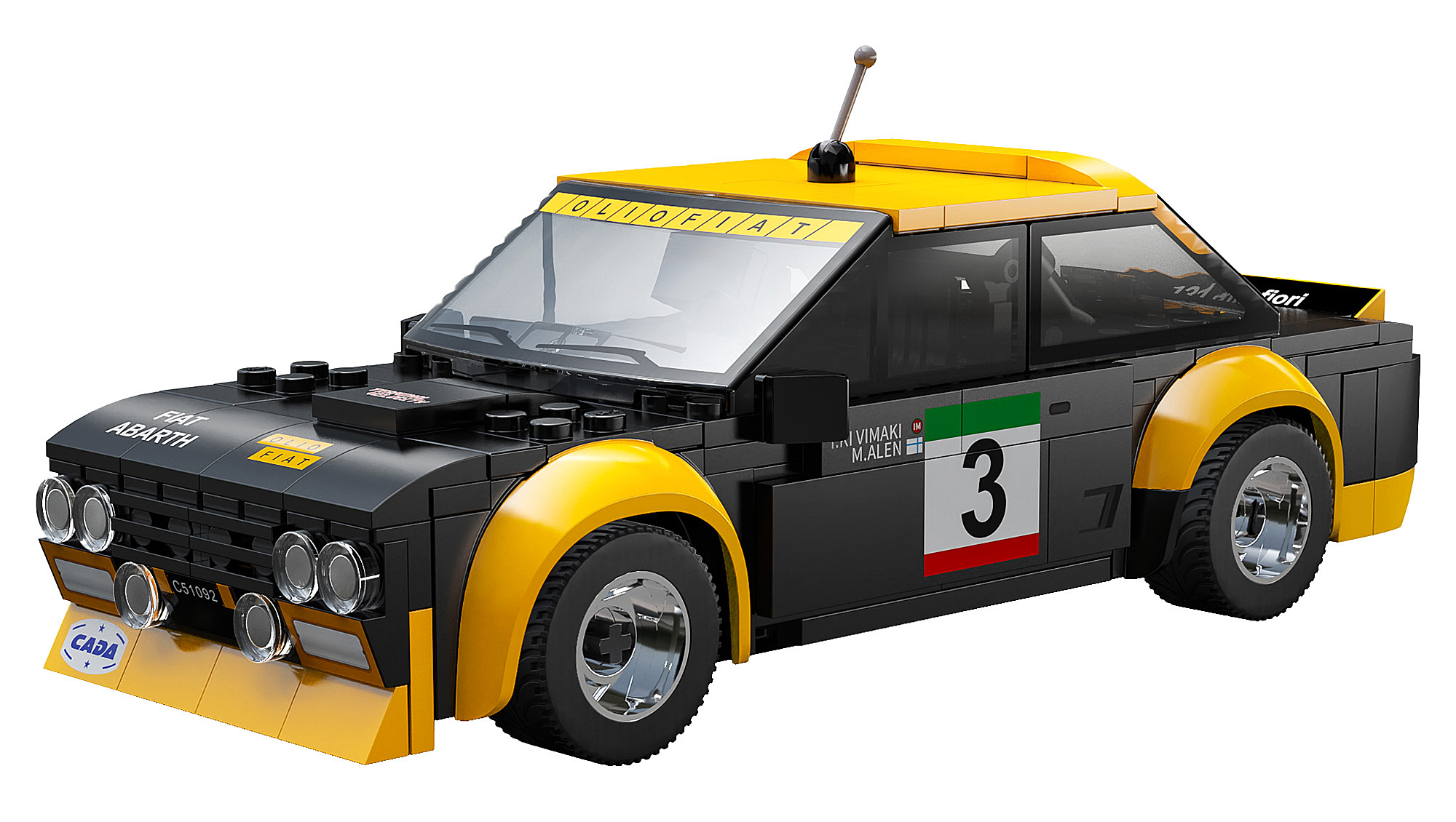 Ein schwarz-gelbes Lego Fiat Abarth Rennwagen. Er hat die Nummer 3, Sponsorenaufkleber und eine Dachantenne.