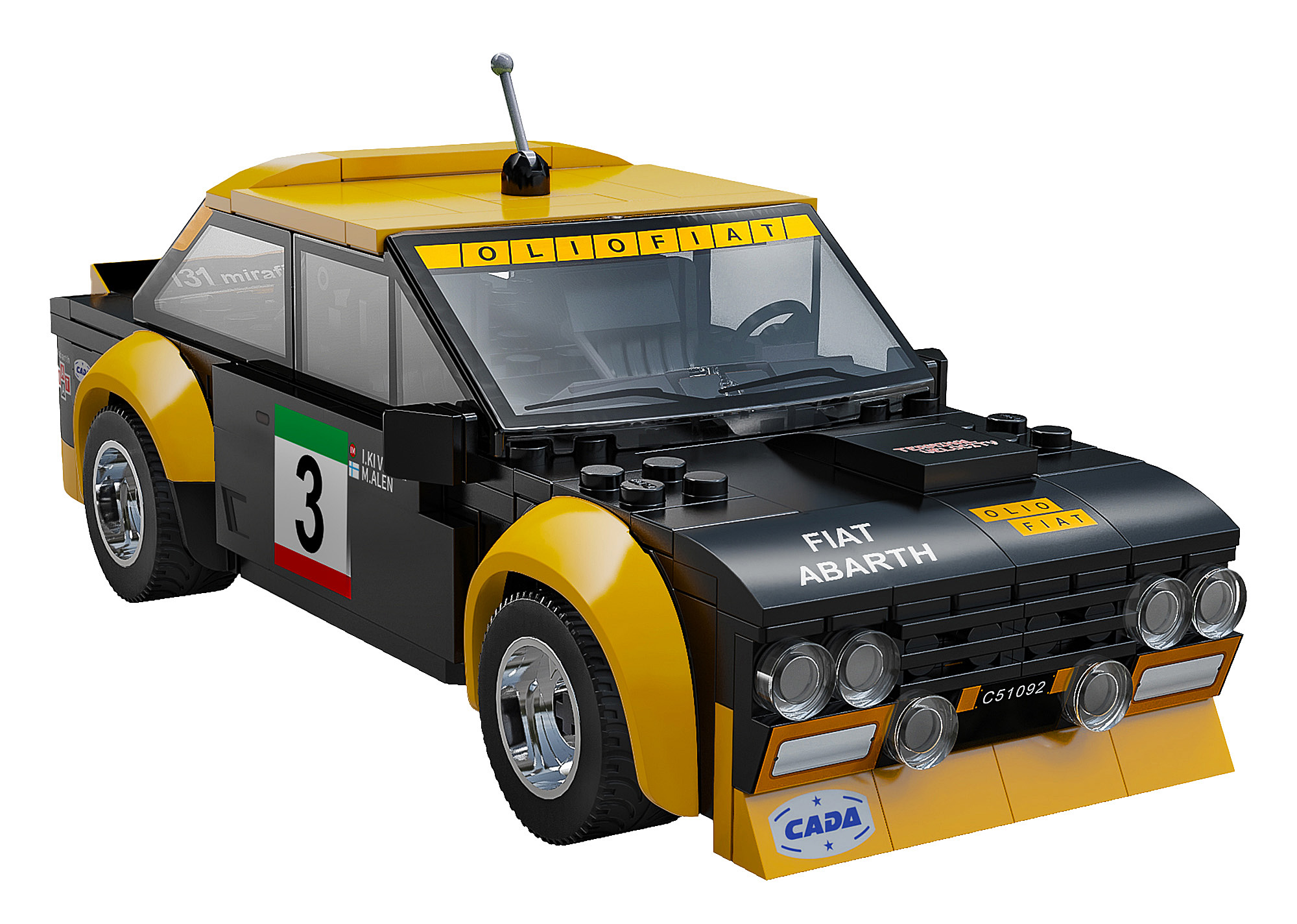 Ein schwarz-gelbes Lego Fiat Abarth Rennauto. Es hat die Nummer 3 und Sponsorenlogos. Das Auto hat eine Dachantenne.