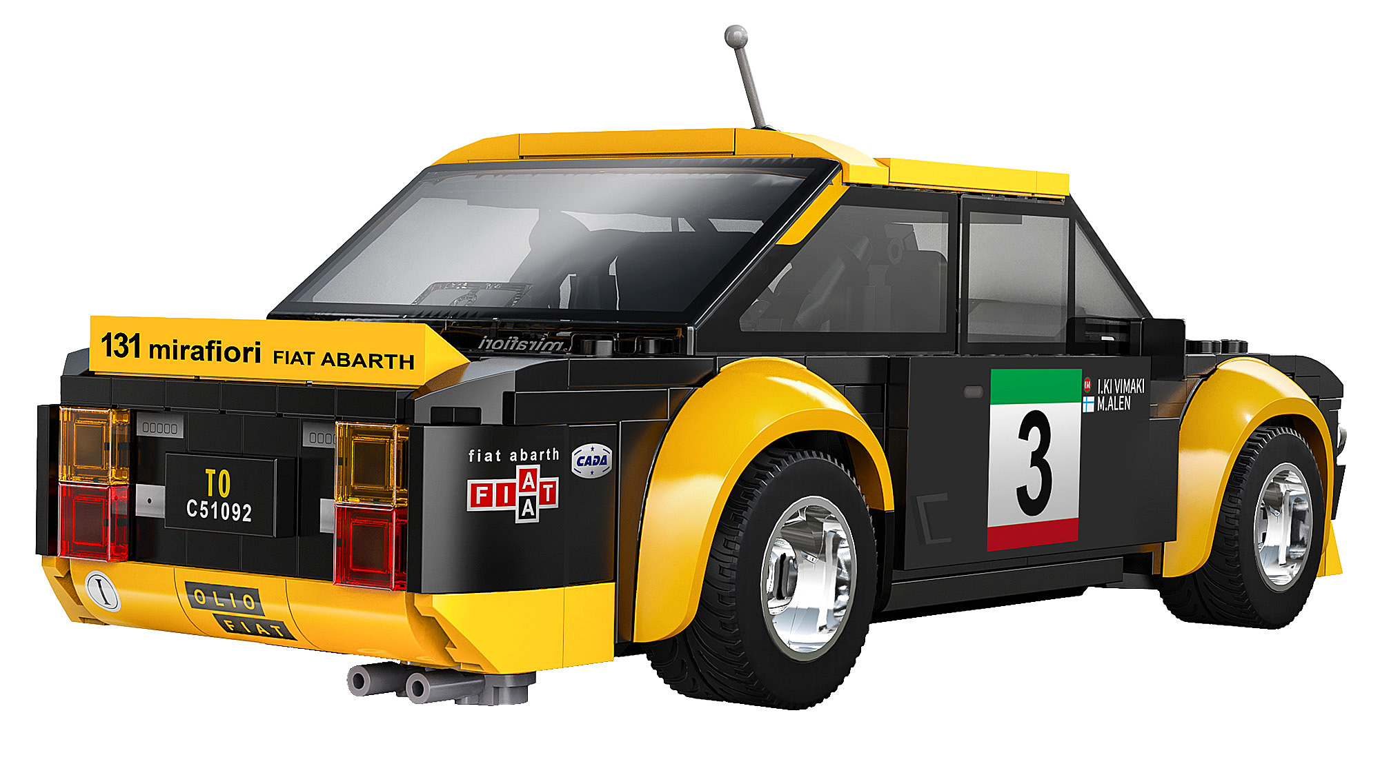 Ein schwarz-gelbes Spielzeugauto mit der Nummer 3 an der Seite. Es hat Fiat Abarth-Branding und eine Dachantenne.