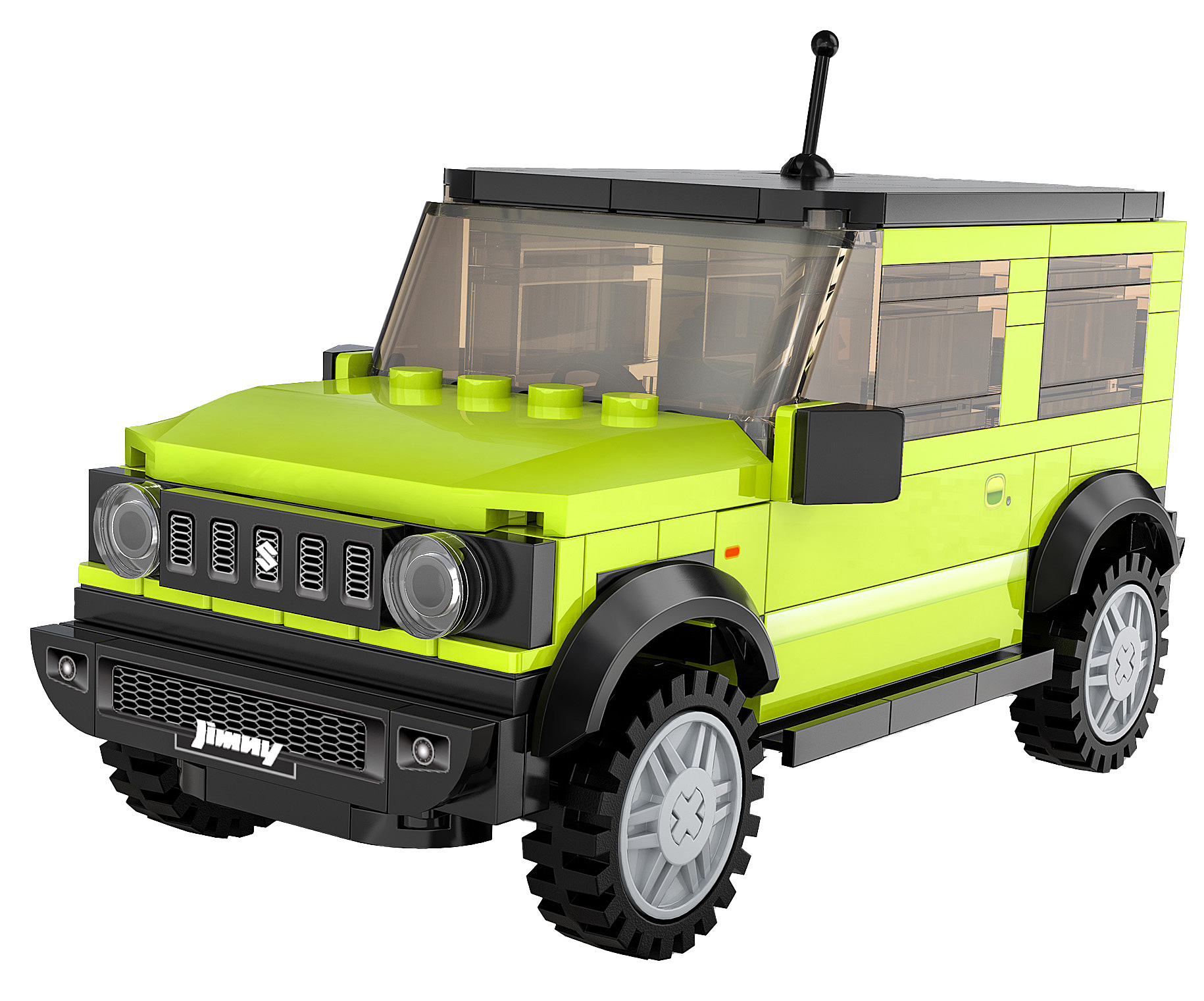 Ein limettengrünes Spielzeugauto, ein Suzuki Jimny, aus Blöcken. Es hat schwarze Reifen, Dach und Details. Es ist auf Weiß isoliert.