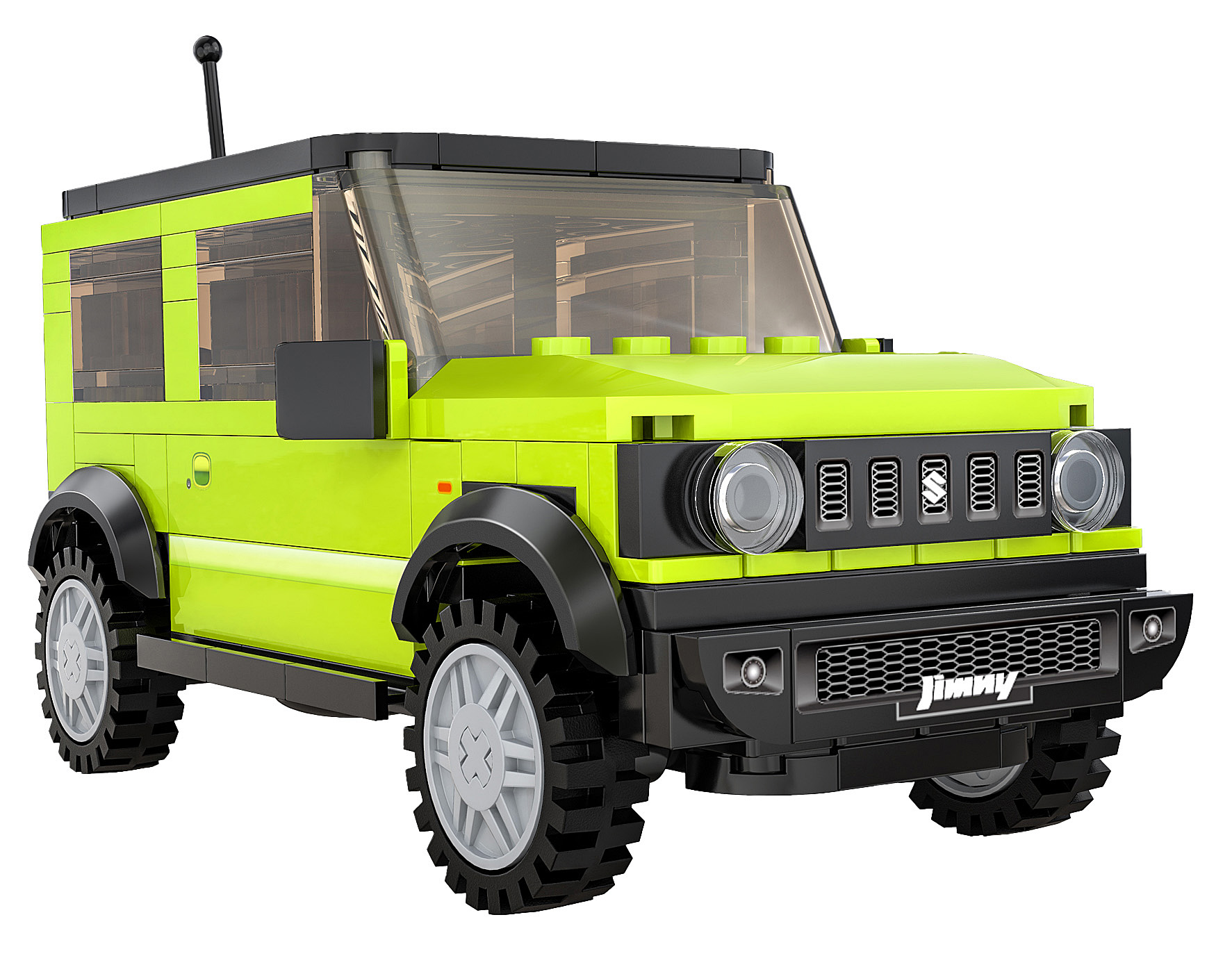Ein limettengrüner SUV im Lego-Stil mit schwarzen Akzenten. Es hat große Reifen, ein schwarzes Dach und ein 'Jimny'-Logo.