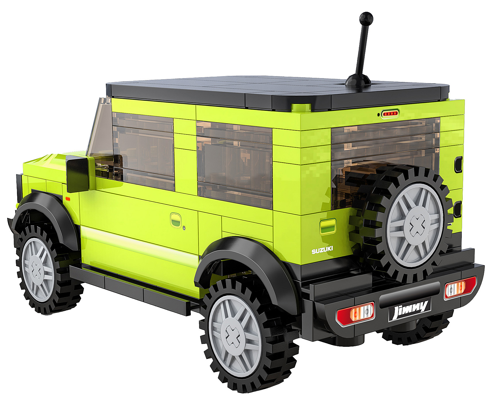 Ein limettengrünes Suzuki Jimny Spielzeugauto aus Blöcken. Es hat schwarze Reifen, Dach und Details. Das Auto hat ein Ersatzrad hinten.