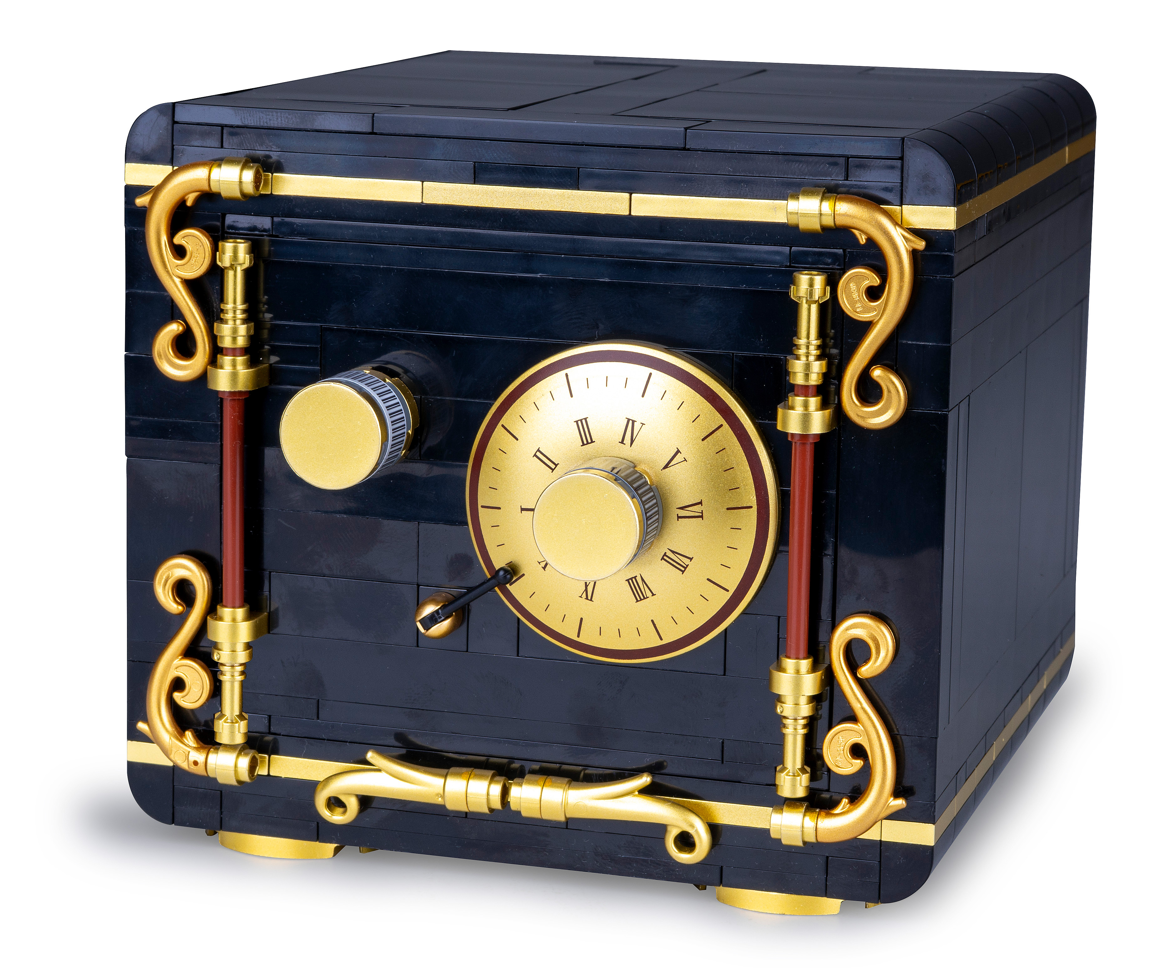 Ein schwarzer Lego-Tresor mit goldenen Akzenten. Er hat ein rundes Zifferblatt und zwei Knöpfe. Der Tresor steht auf weißem Grund.