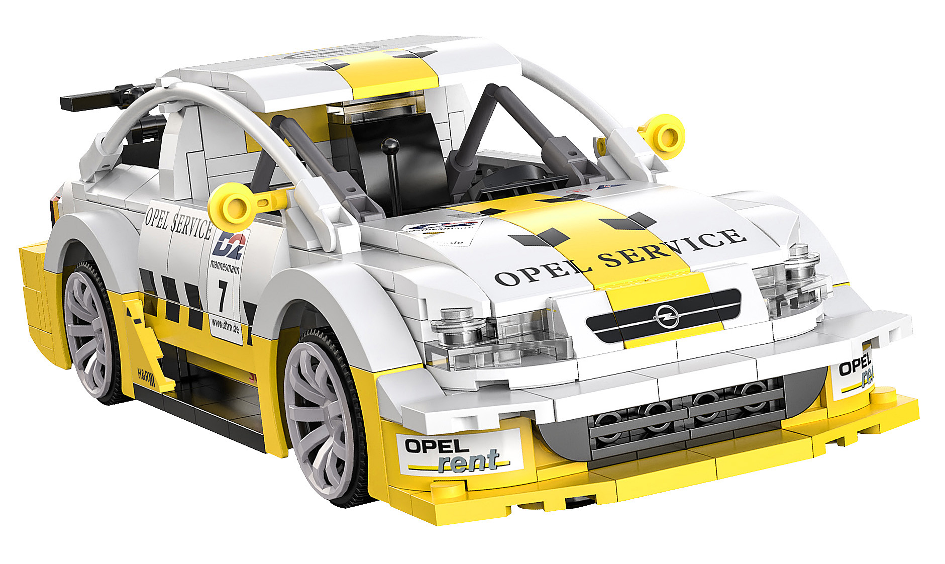 Ein weiß-gelbes Opel Service Rennwagenmodell aus Steckbausteinen mit Sponsorenlogos, der Nummer 7 und einem Überrollkäfig.
