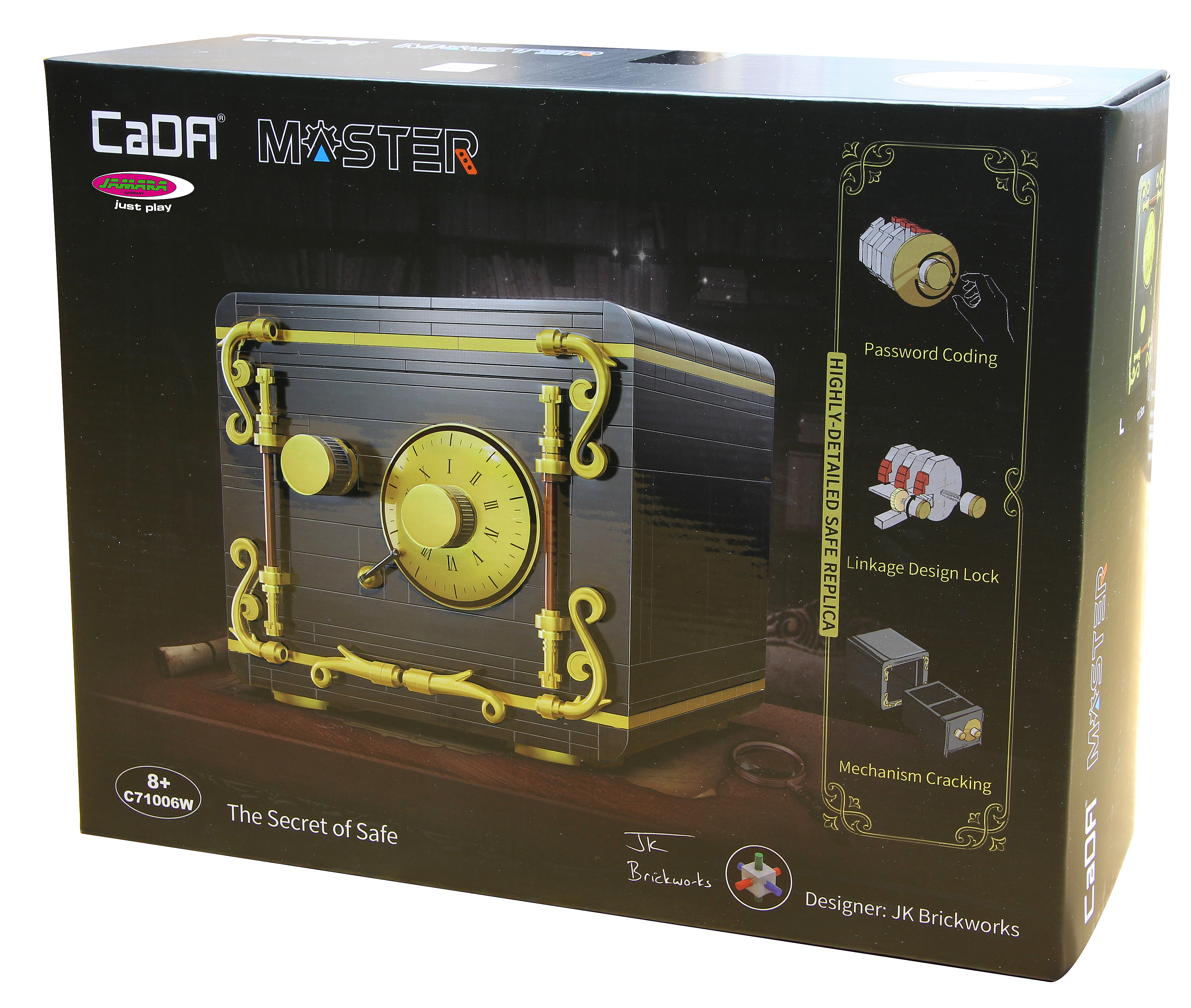 Schachtelkunst für ein Tresorbau-Set. Der Tresor ist schwarz und gold, mit Zifferblatt und Verzierungen sowie Anweisungen.