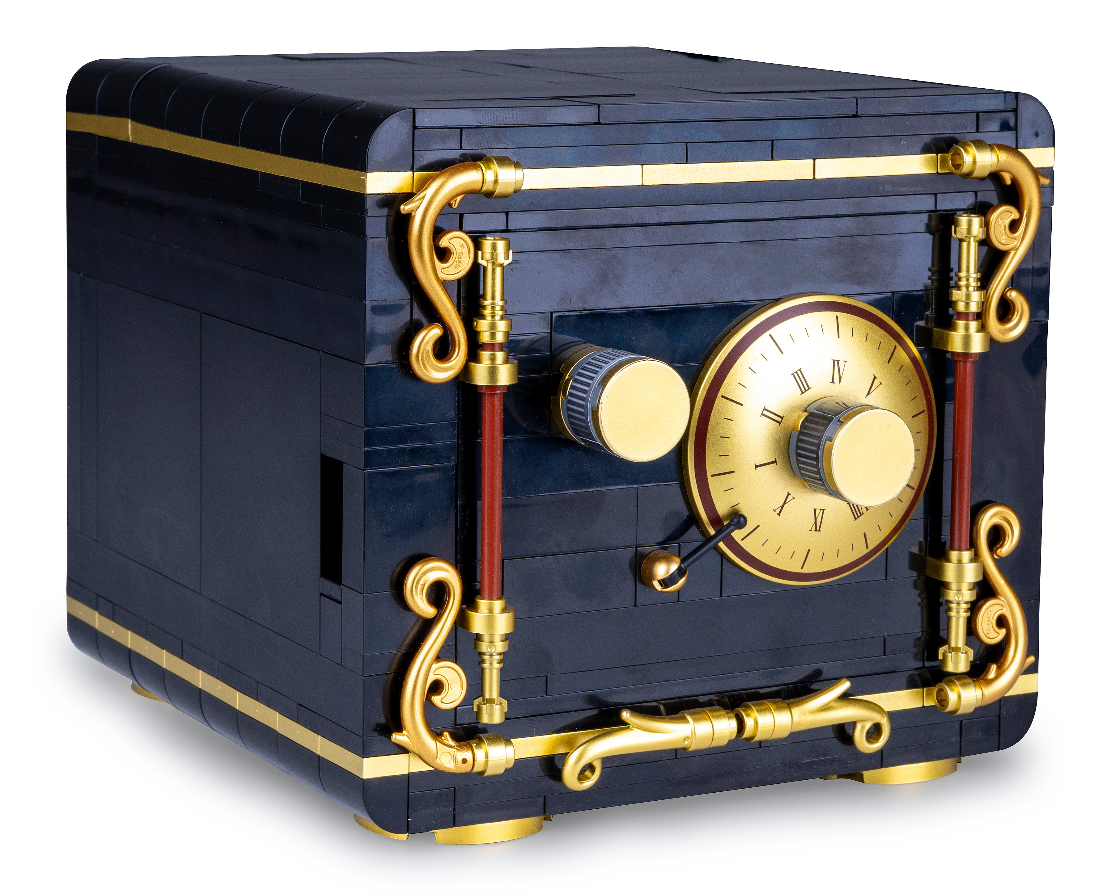 Ein schwarzer Lego-Safe mit goldenen Akzenten. Er hat ein Kombinationszifferblatt, verzierte Griffe und einen goldenen Rand.