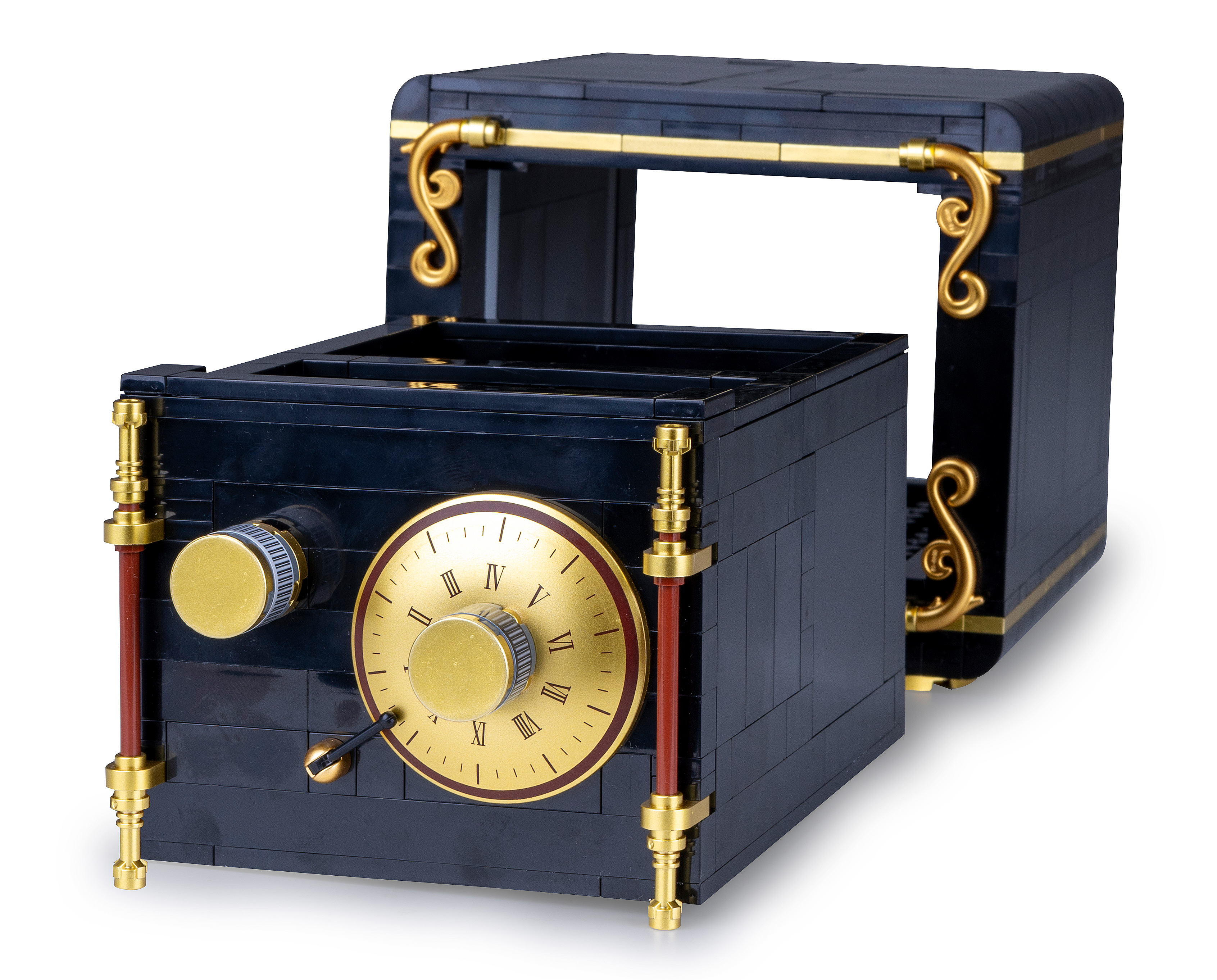 Ein schwarzes Safe-Modell aus Blöcken mit goldenen Akzenten. Das Zifferblatt und der Griff des Safes sind prominent.
