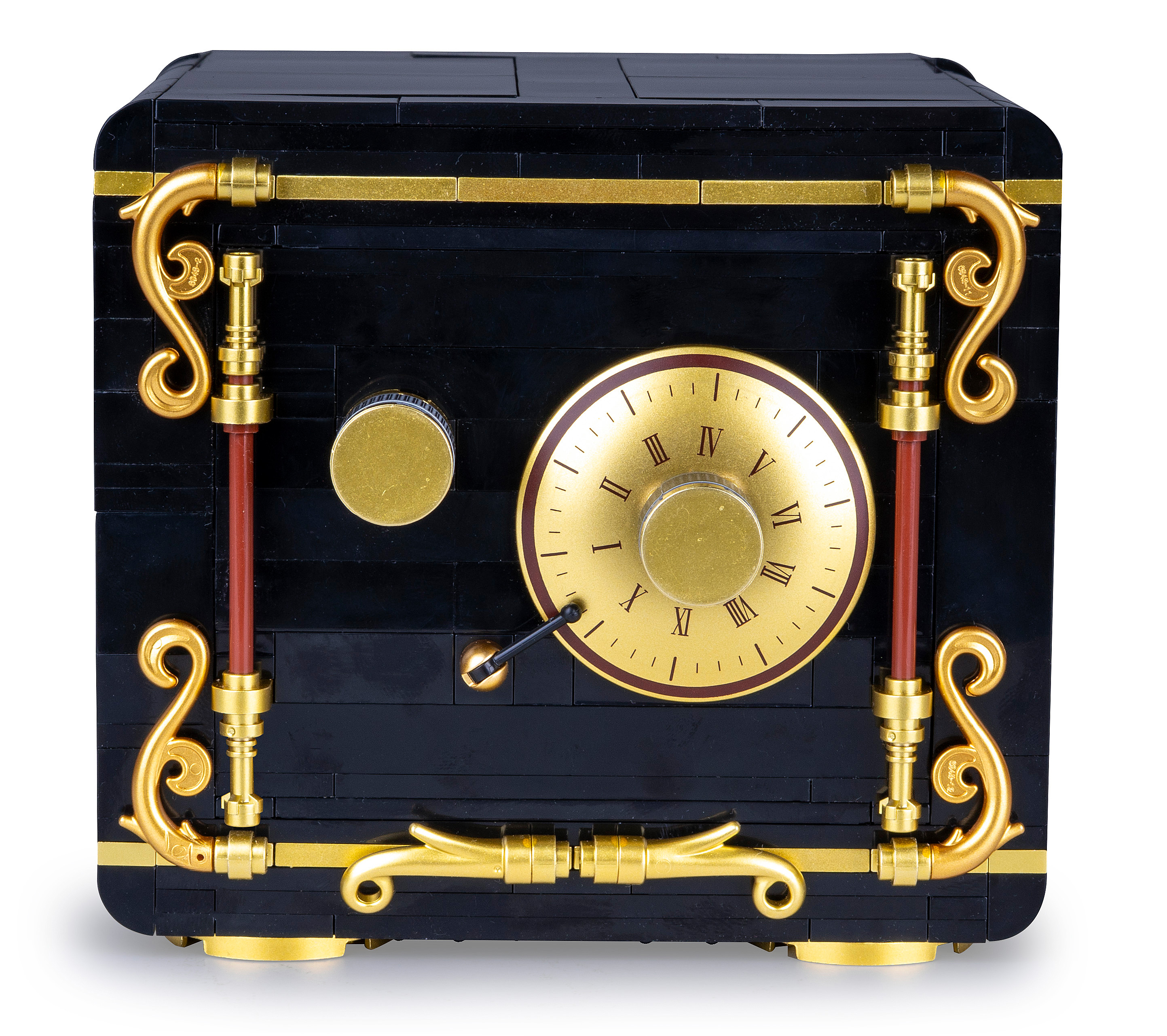 Schwarzer Lego-Tresor mit goldenen Akzenten. Er hat ein rundes Zifferblatt mit römischen Ziffern, einen Griff und goldene Verzierungen.