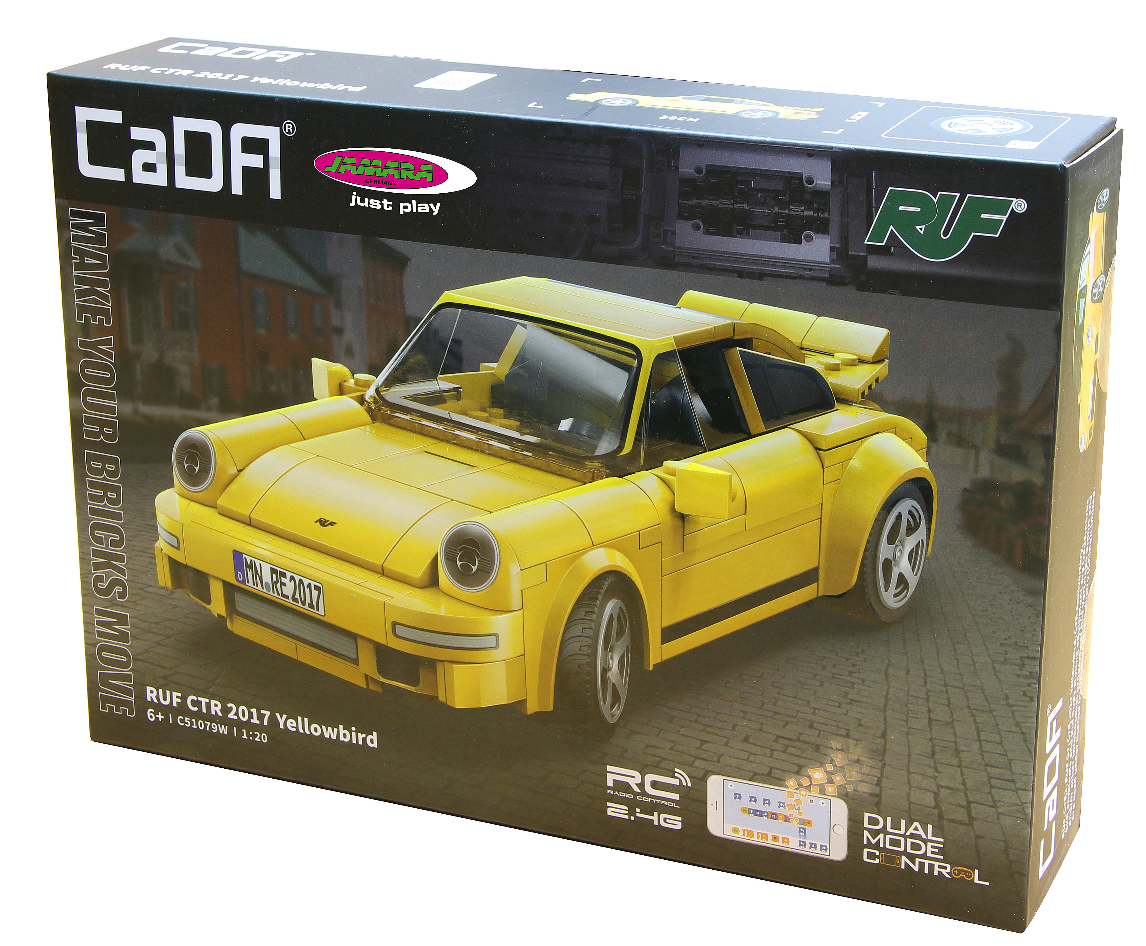Ein gelbes Spielzeugauto in einer Schachtel. Die Schachtel zeigt das Bild des Autos und den Markennamen.