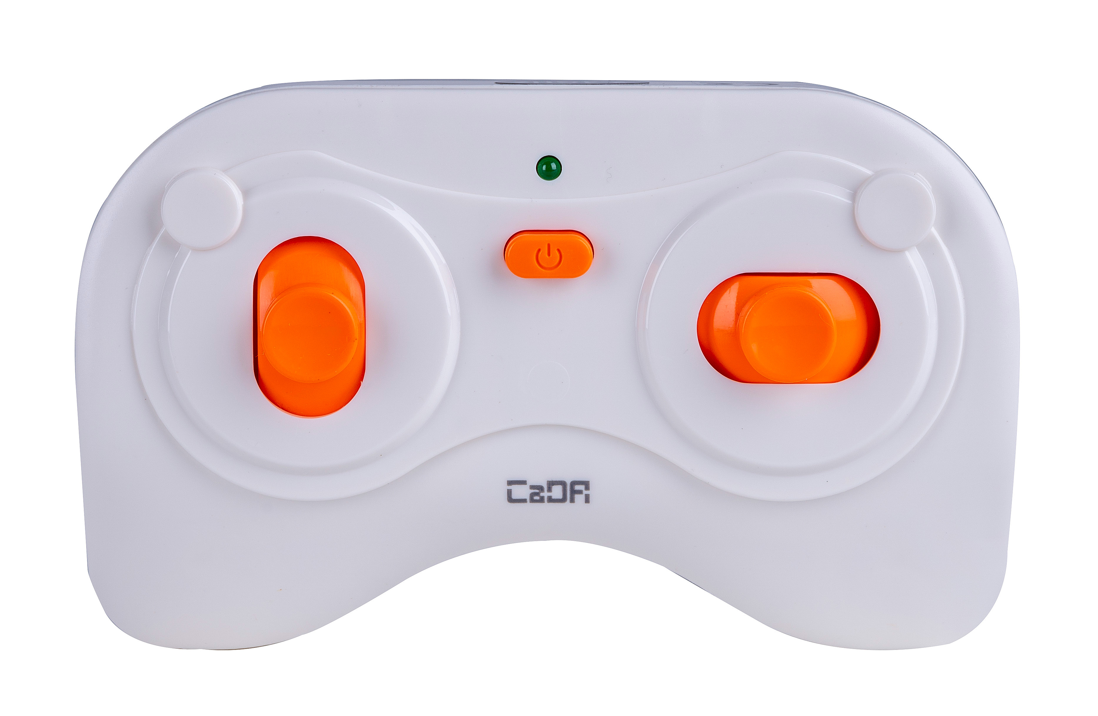 Eine weiße Fernbedienung mit zwei orangefarbenen Joysticks, einer orangefarbenen Ein-/Aus-Taste und einem grünen Licht.