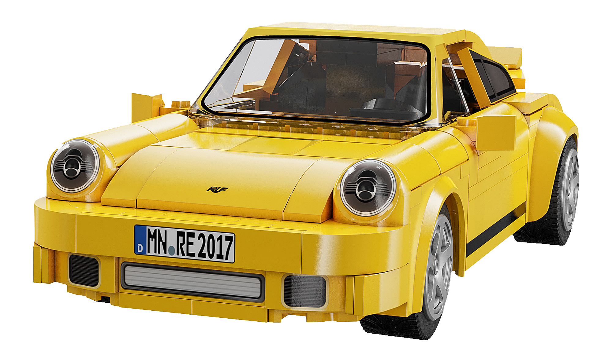 Ein gelber Lego-Sportwagen mit schwarzen Akzenten, Scheinwerfern und Nummernschild 'MN RE 2017' auf weißem Hintergrund.