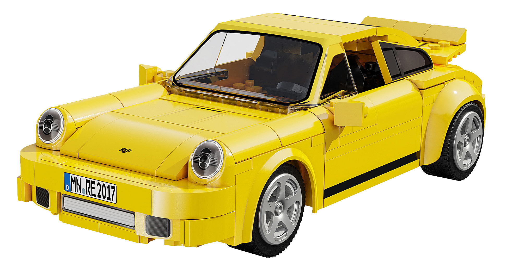 Ein leuchtend gelber Lego Porsche 911. Er hat schwarze Akzente, silberne Räder und eine klare Windschutzscheibe. Das Auto steht vor weißem Hintergrund.
