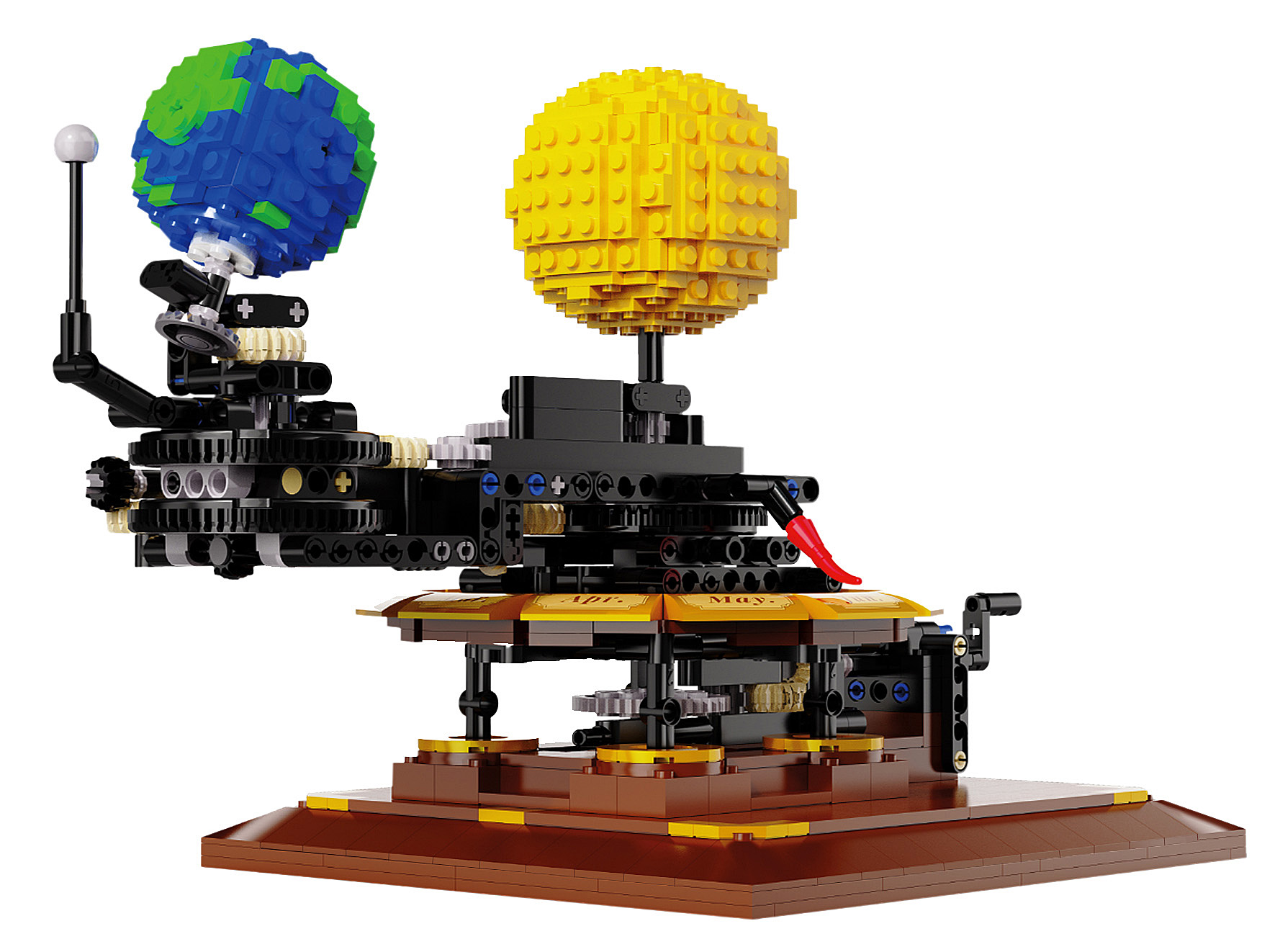 Ein LEGO-Sonnensystemmodell mit Erd- und Sonnenkugeln, Zahnrädern und einer braunen Basis. Enthält schwarze Stützstrukturen und rote Akzente.