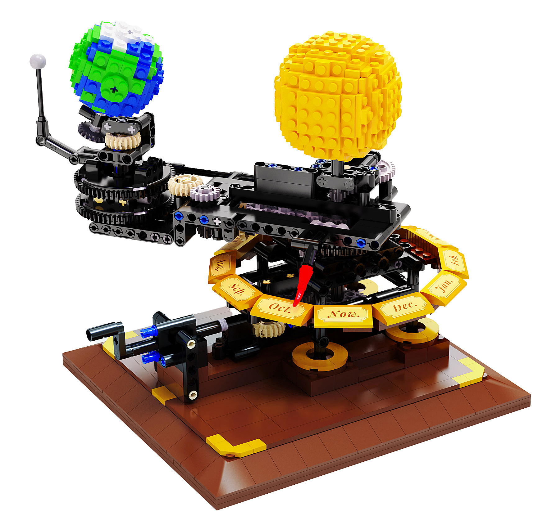 Ein Lego-Modell eines Sonnensystems. Es hat Sonne, Erde und Mond. Zahnräder und ein Kalender sind ebenfalls enthalten. Die Basis ist braun.