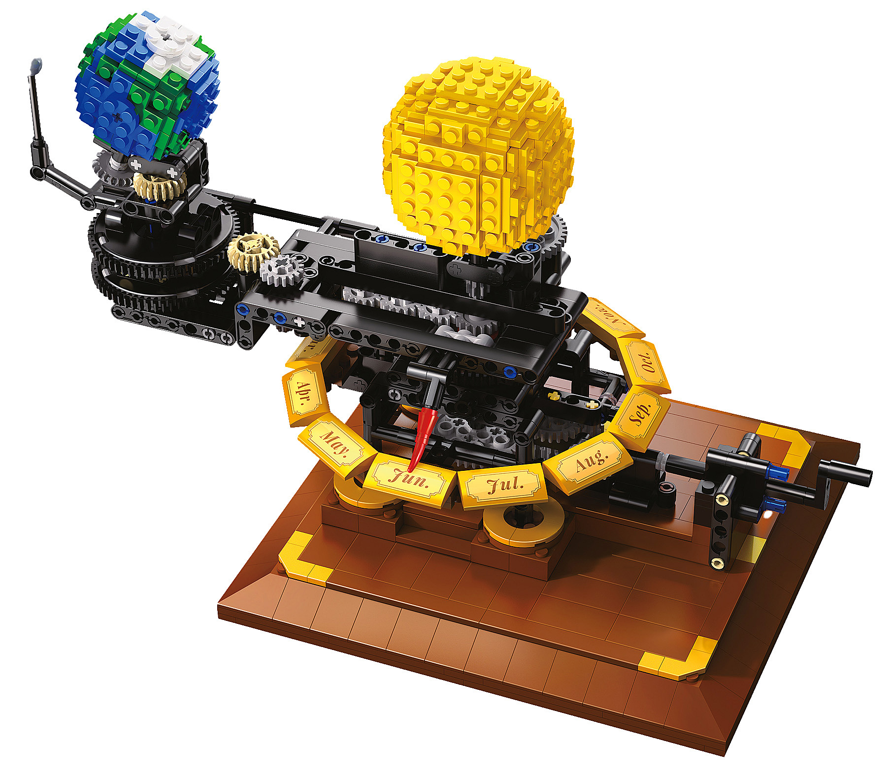 Ein Lego-Modell des Sonnensystems. Es hat eine gelbe Sonne, eine blau-grüne Erde und eine Monatsanzeige. Mechanische Zahnräder sind sichtbar.