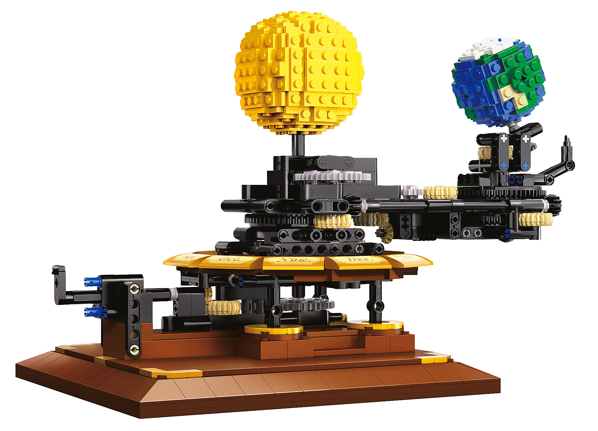 Ein Lego-Modell des Sonnensystems. Es hat eine gelbe Sonne, eine blau-grüne Erde und Zahnräder auf brauner Basis.