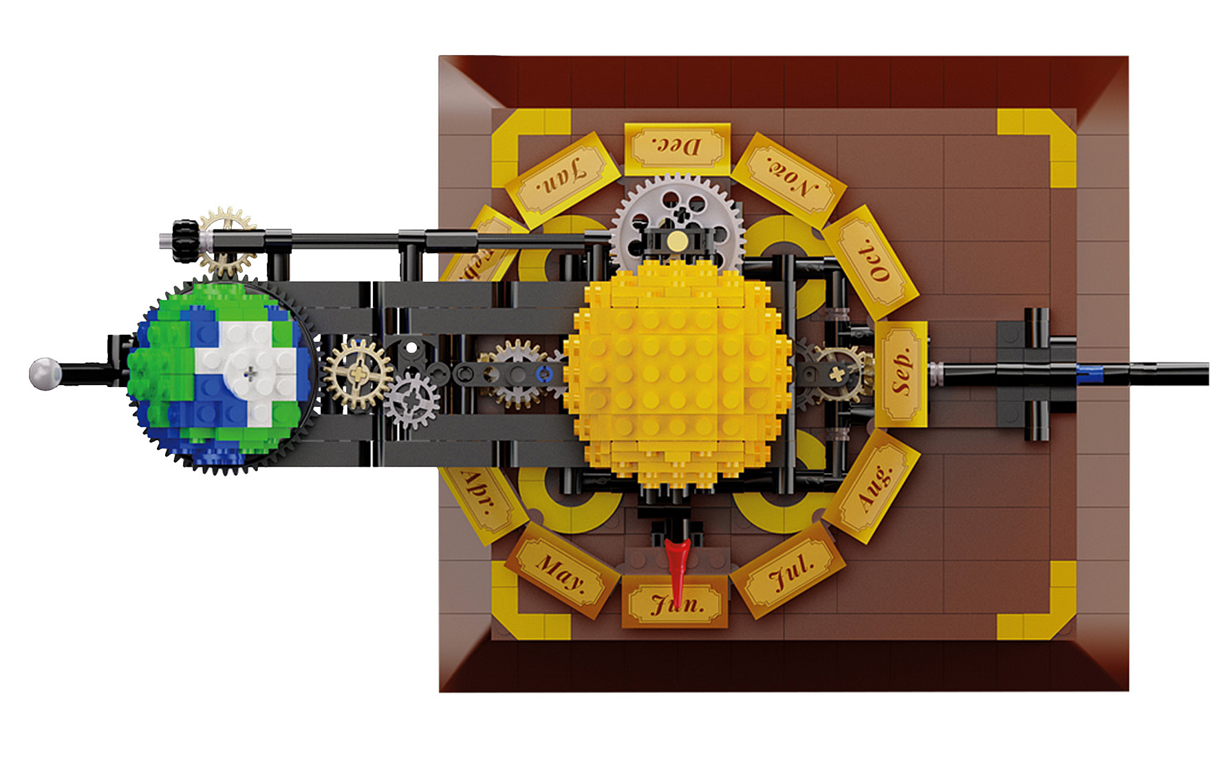 Ein Lego-Modell eines mechanischen Kalenders. Es enthält einen Globus, Zahnräder, eine Sonne und Monatsbeschriftungen.