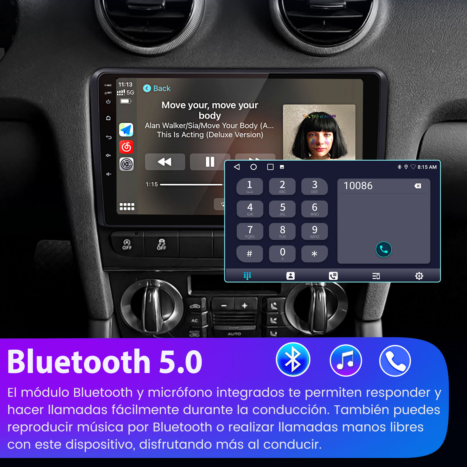 Panel de coche con interfaces de música y teléfono. La pantalla muestra una canción y un teclado numérico. Texto Bluetooth 5.0 abajo.