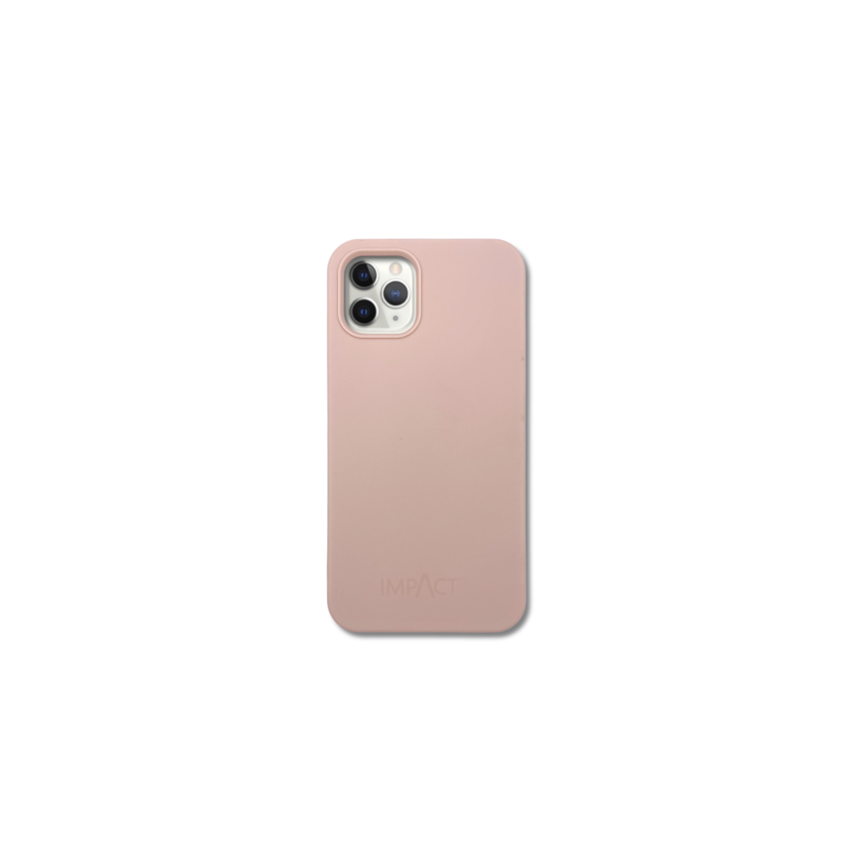 Una custodia per telefono rosa chiaro con un ritaglio per una fotocamera a tripla lente. La parola IMPACT è stampata in basso.