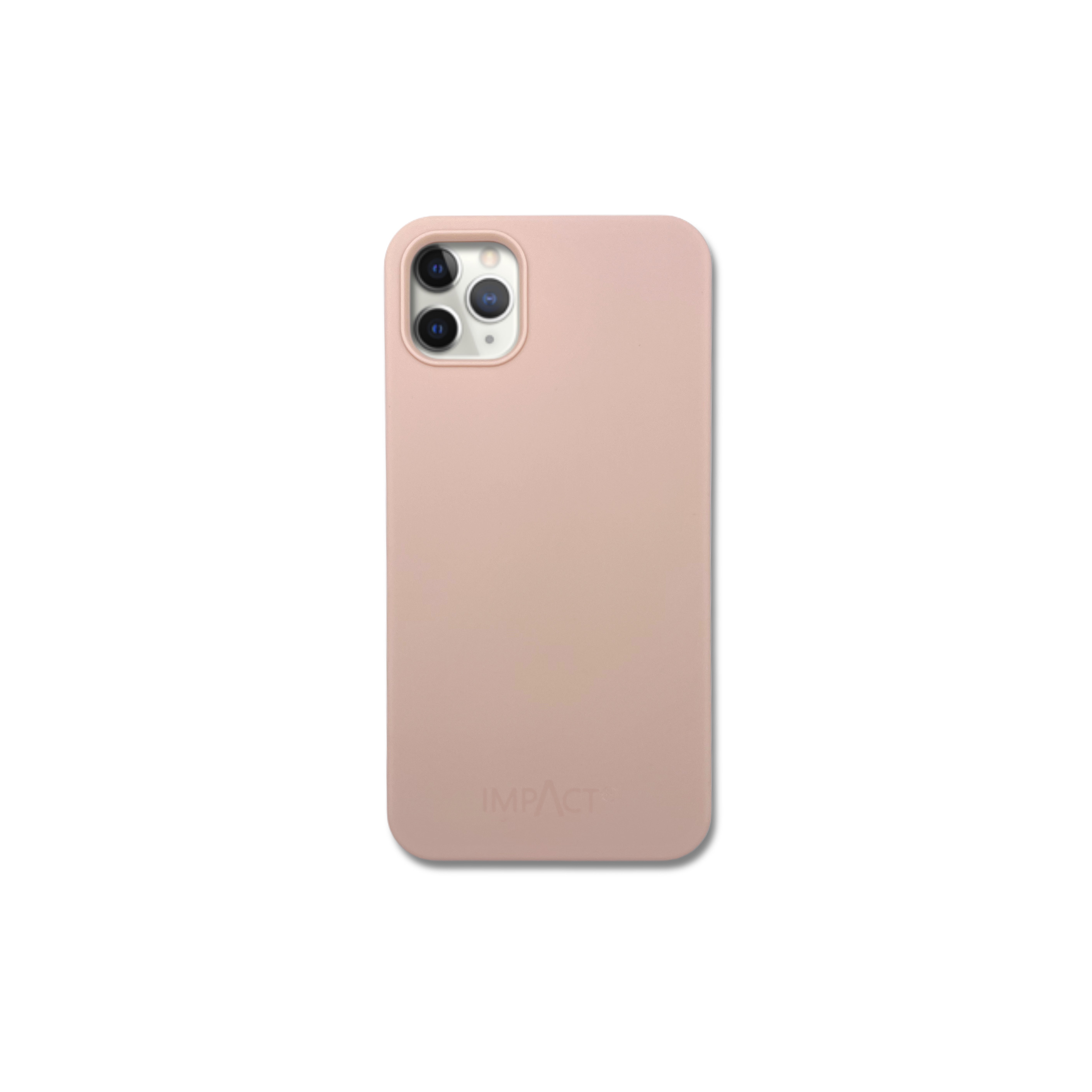 Una custodia per telefono rosa chiaro con un rigonfiamento della fotocamera e la parola IMPACT. Lo sfondo è bianco.
