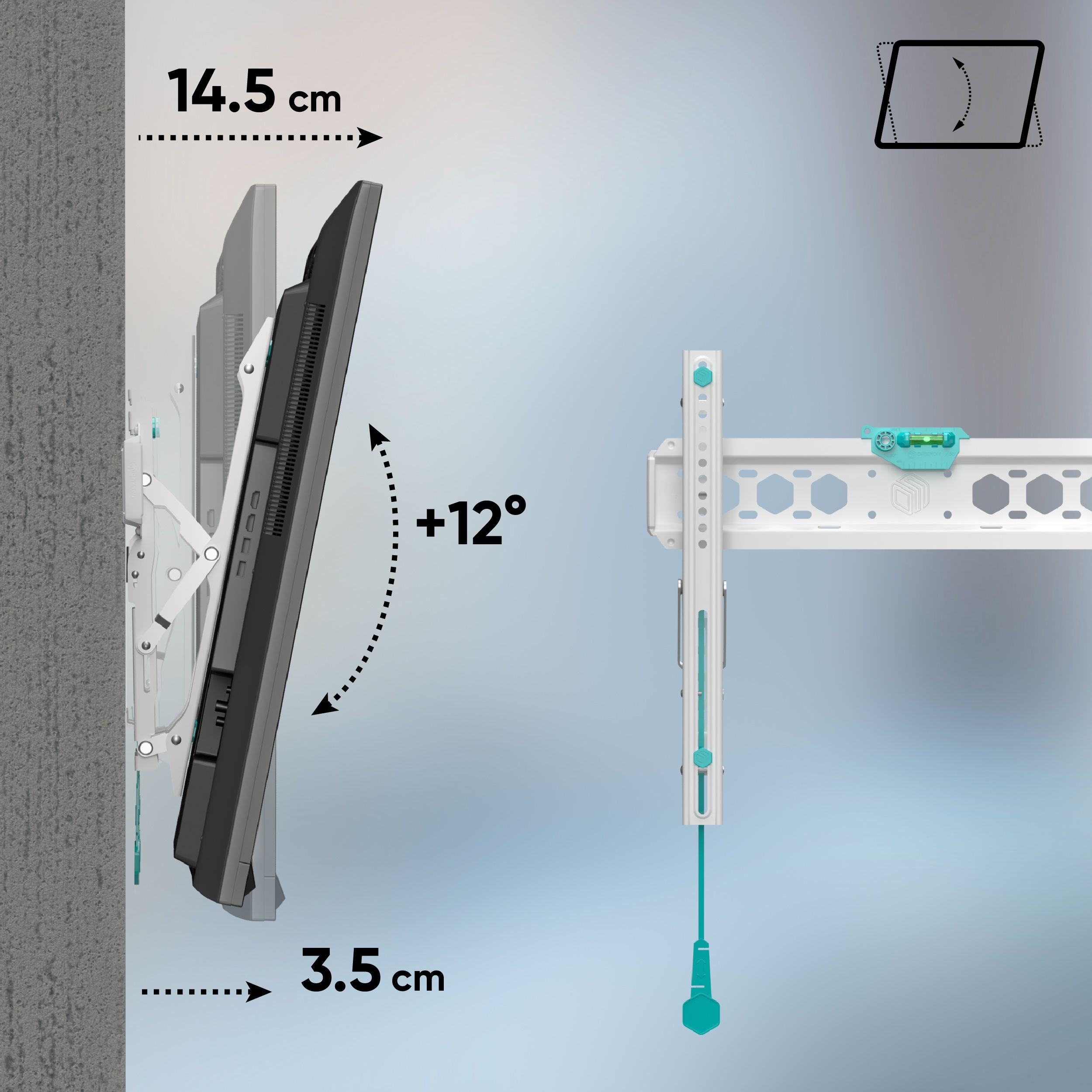 Telewizor zamontowany na ścianie, pokazujący swoje wymiary. Telewizor jest pochylony o +12 stopni. W zestawie poziomica.
