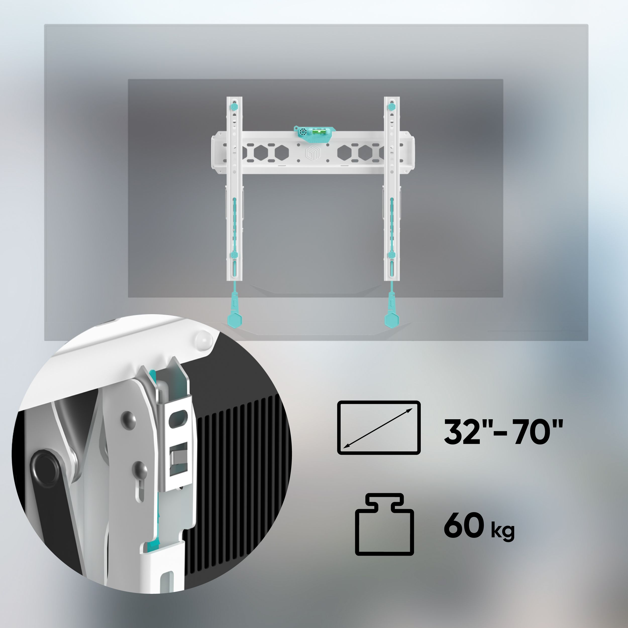 Biały uchwyt do TV z niebieskimi akcentami. Pokazuje zbliżenie i diagramy rozmiaru ekranu (32-70") i wagi (60 kg).
